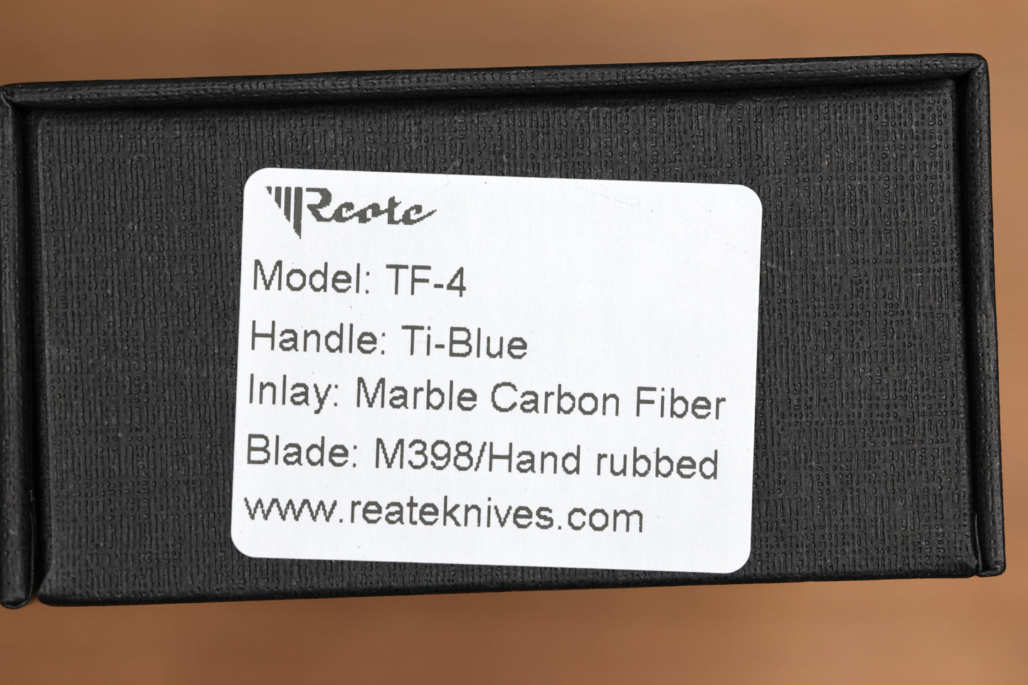 REATE KNIVES FDT TF-4 TITANIUM BLUE HANDLE MARBLED FAT CARBON ZIRCUTI BOLSTERS HAND RUBBED M398 BLADE