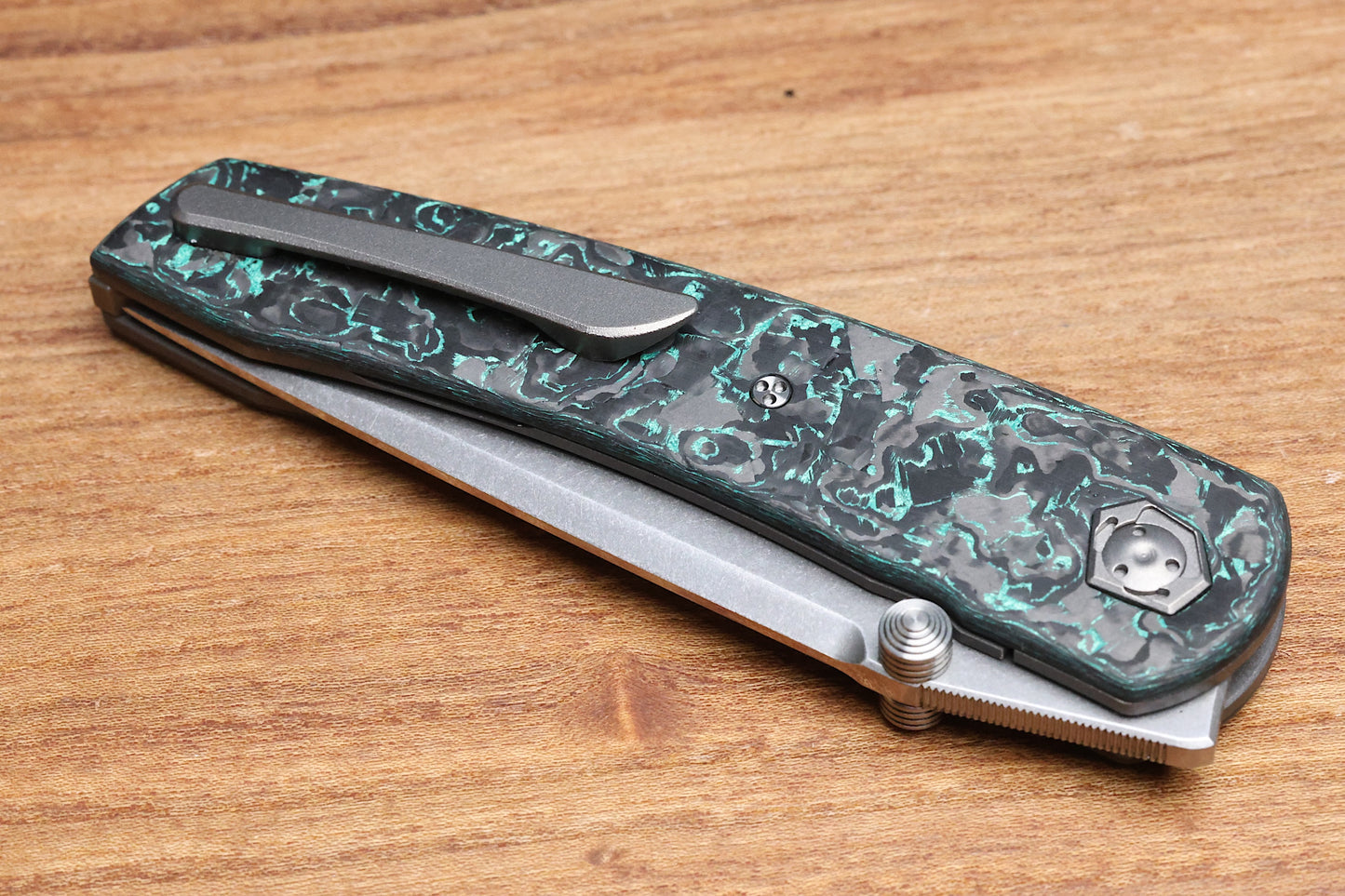 SHARKNIVCO LINER LOCK WAKA V4.9 - TEAL TECHNOCARBO HANDLE - POLISHED STONEWASH RWL34 BLADE