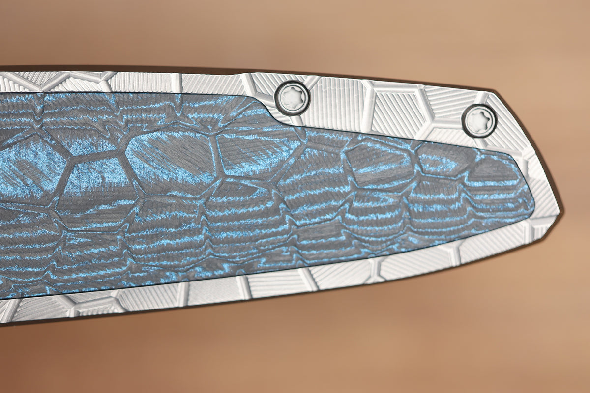 HOLT BLADEWORKS OUTLAW #179 MILLED TURTLE TITANIUM OCEAN BLUE CARBOTI INLAY BLACKWASHED BOHLER M390 BLADE