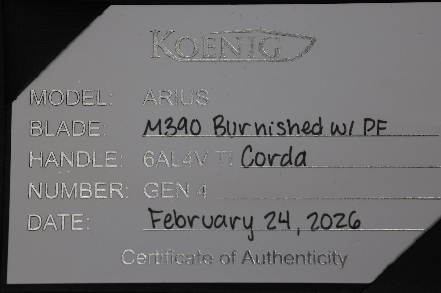 KOENIG KNIVES ARIUS - CORDA TITANIUM HANDLE - BLUE HARDWARE - BURNISHED W/ POLISHED FLATS M390 BLADE