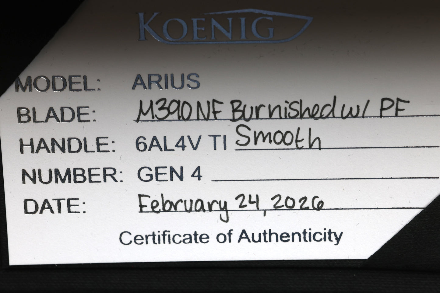 KOENIG KNIVES ARIUS - NON FLIPPER - SMOOTH TITANIUM HANDLE - SILVER HARDWARE - BURNISHED W/ POLISHED FLATS M390 BLADE