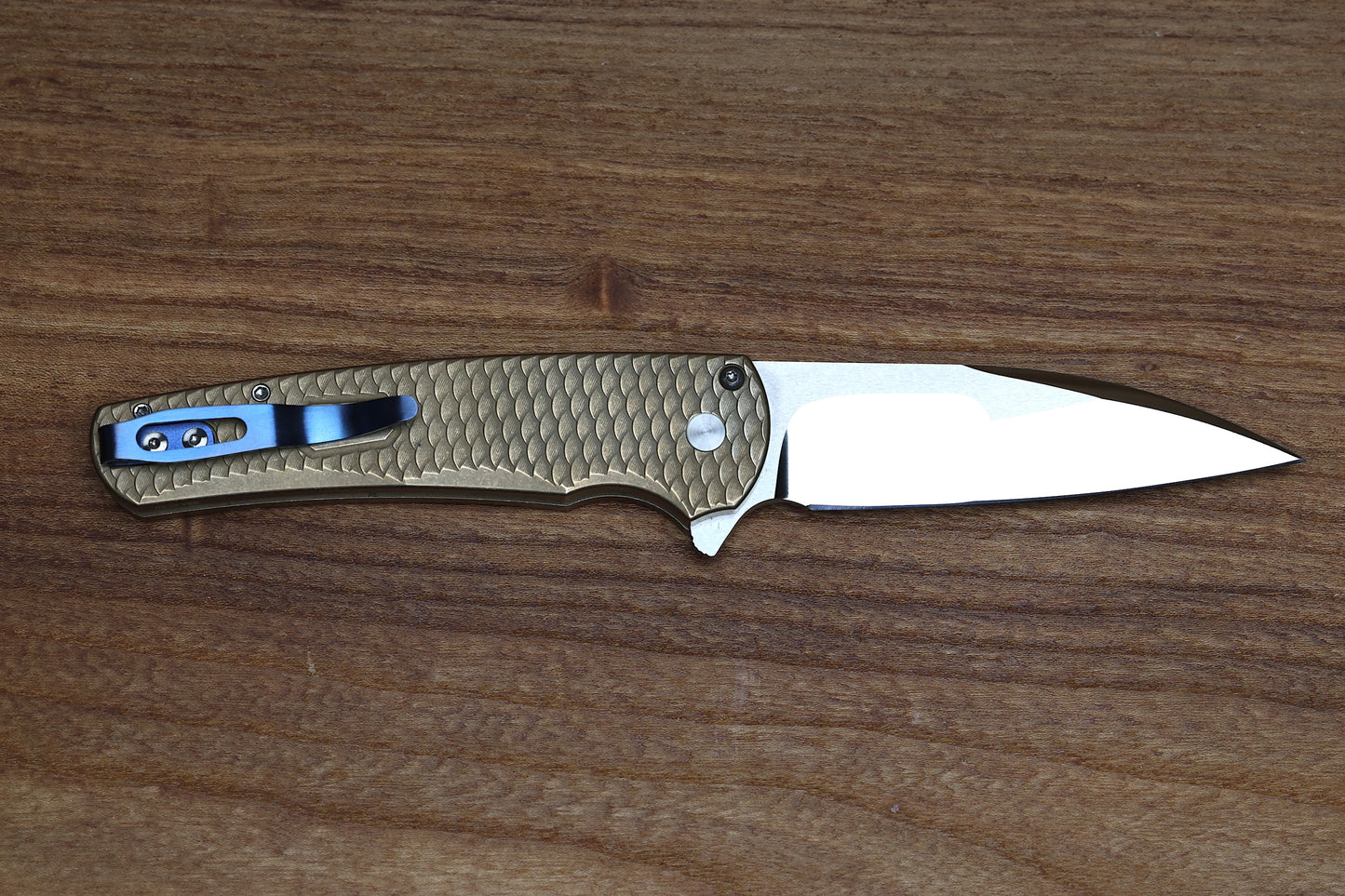 PRO-TECH CUSTOM MALIBU BLADE SHOW ATLANTA 2024 EXCLUSIVE - DISTRESSED A1BRONZE "DRAGON SCALE" HANDLE - MIKE IRIE COMPOUND HAND GROUND MIRROR POLISH WHARNCLIFFE BLADE