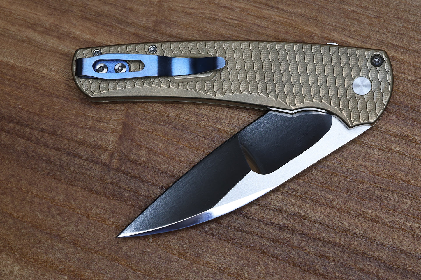 PRO-TECH CUSTOM MALIBU BLADE SHOW ATLANTA 2024 EXCLUSIVE - DISTRESSED A1BRONZE "DRAGON SCALE" HANDLE - MIKE IRIE COMPOUND HAND GROUND MIRROR POLISH WHARNCLIFFE BLADE