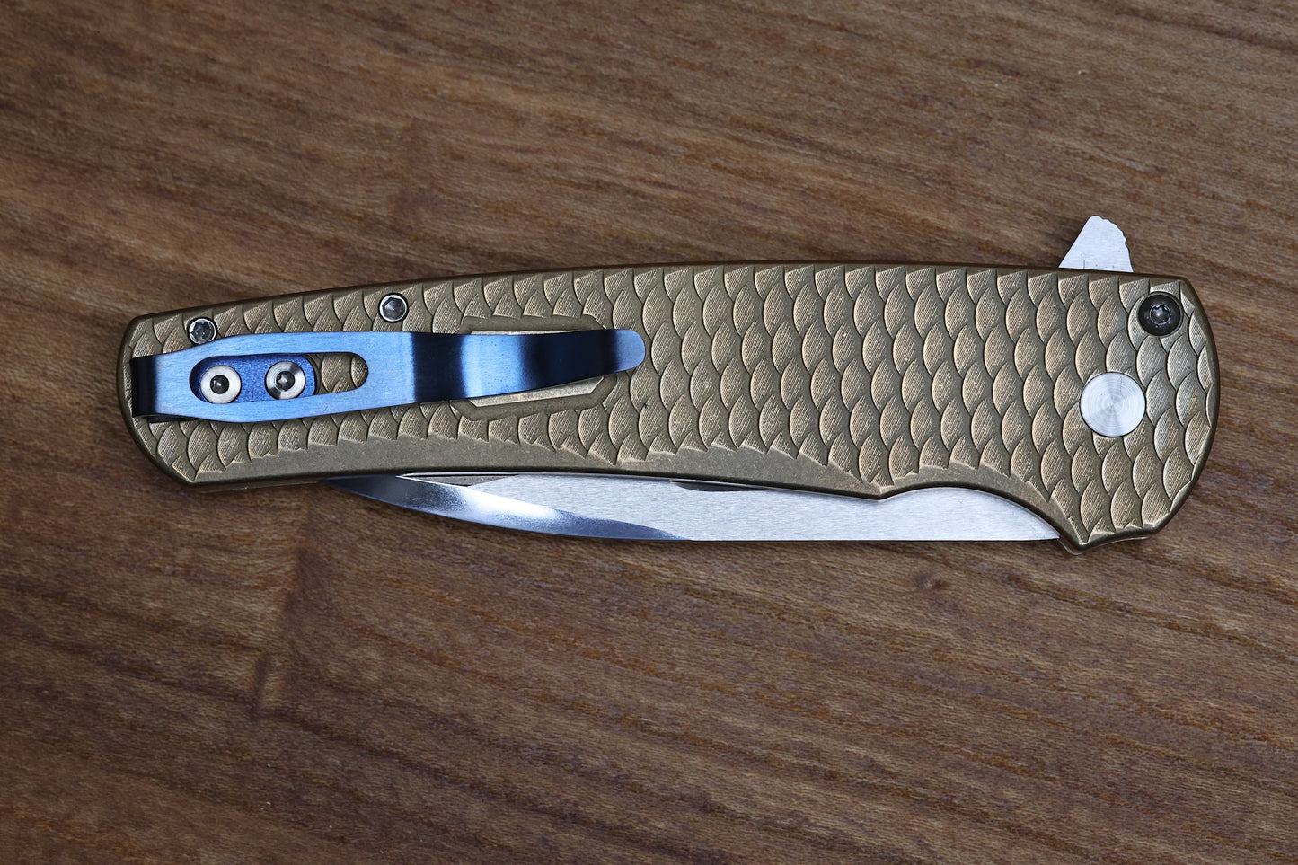 PRO-TECH CUSTOM MALIBU BLADE SHOW ATLANTA 2024 EXCLUSIVE - DISTRESSED A1BRONZE "DRAGON SCALE" HANDLE - MIKE IRIE COMPOUND HAND GROUND MIRROR POLISH WHARNCLIFFE BLADE