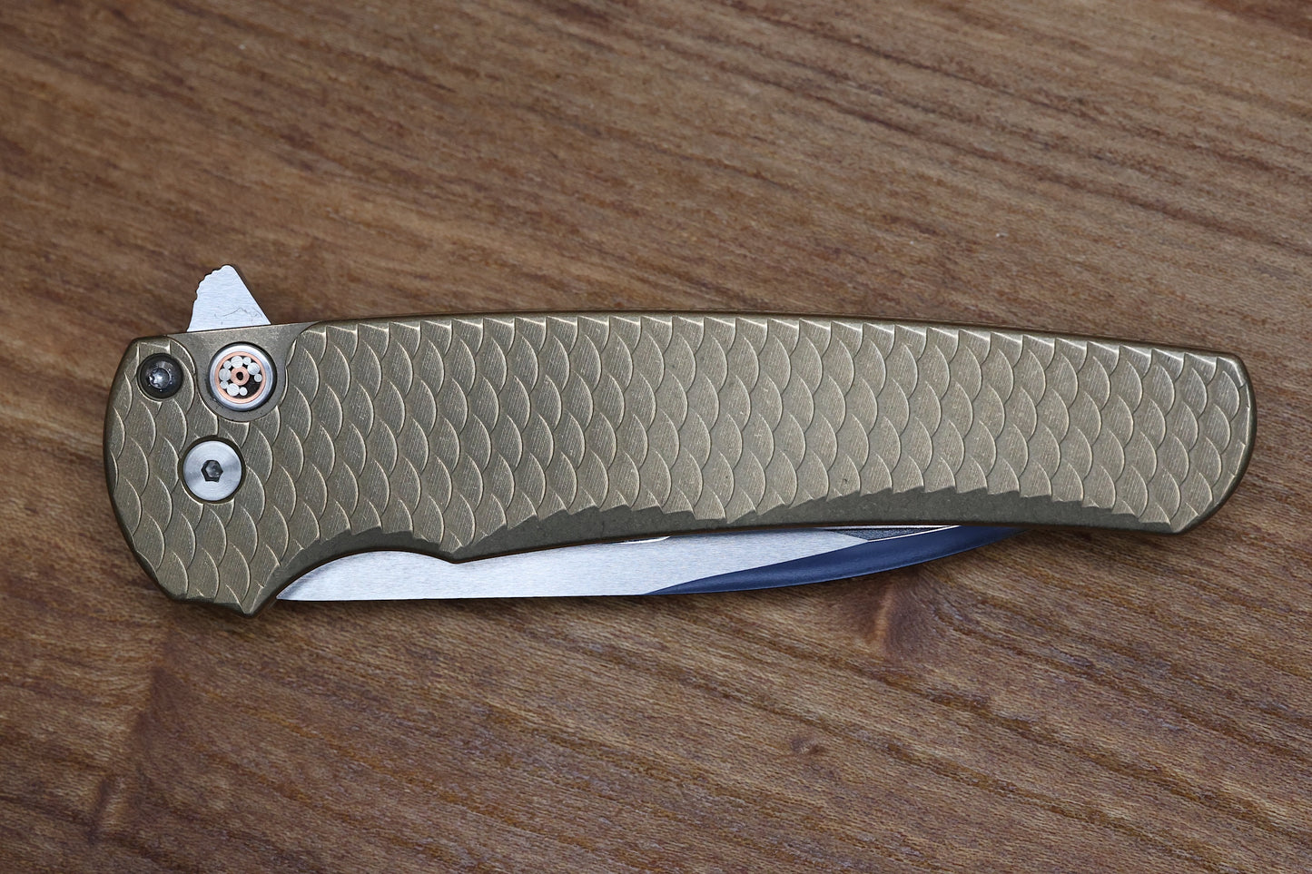 PRO-TECH CUSTOM MALIBU BLADE SHOW ATLANTA 2024 EXCLUSIVE - DISTRESSED A1BRONZE "DRAGON SCALE" HANDLE - MIKE IRIE COMPOUND HAND GROUND MIRROR POLISH WHARNCLIFFE BLADE