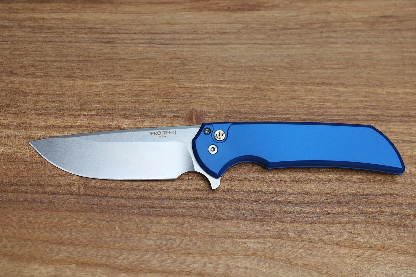 PRO-TECH MORDAX WINDUP MX.1 BLUE ALUMINUM HANDLE BUTTON LOCK STONEWASH MAGNACUT
