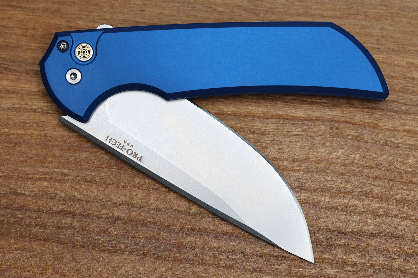 PRO-TECH MORDAX WINDUP MX.1 BLUE ALUMINUM HANDLE BUTTON LOCK STONEWASH MAGNACUT