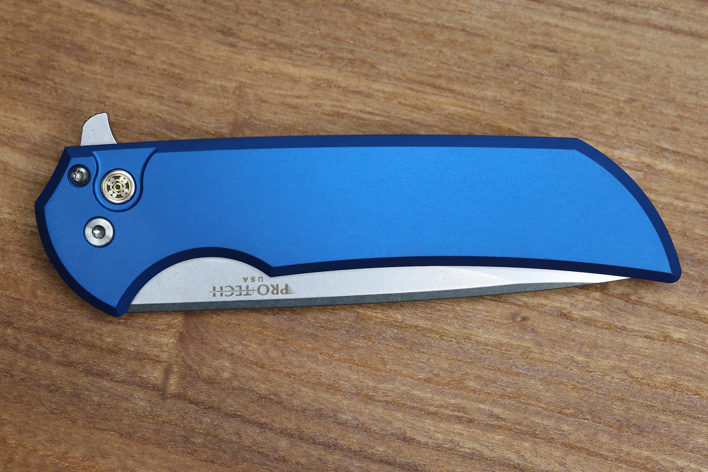 PRO-TECH MORDAX WINDUP MX.1 BLUE ALUMINUM HANDLE BUTTON LOCK STONEWASH MAGNACUT