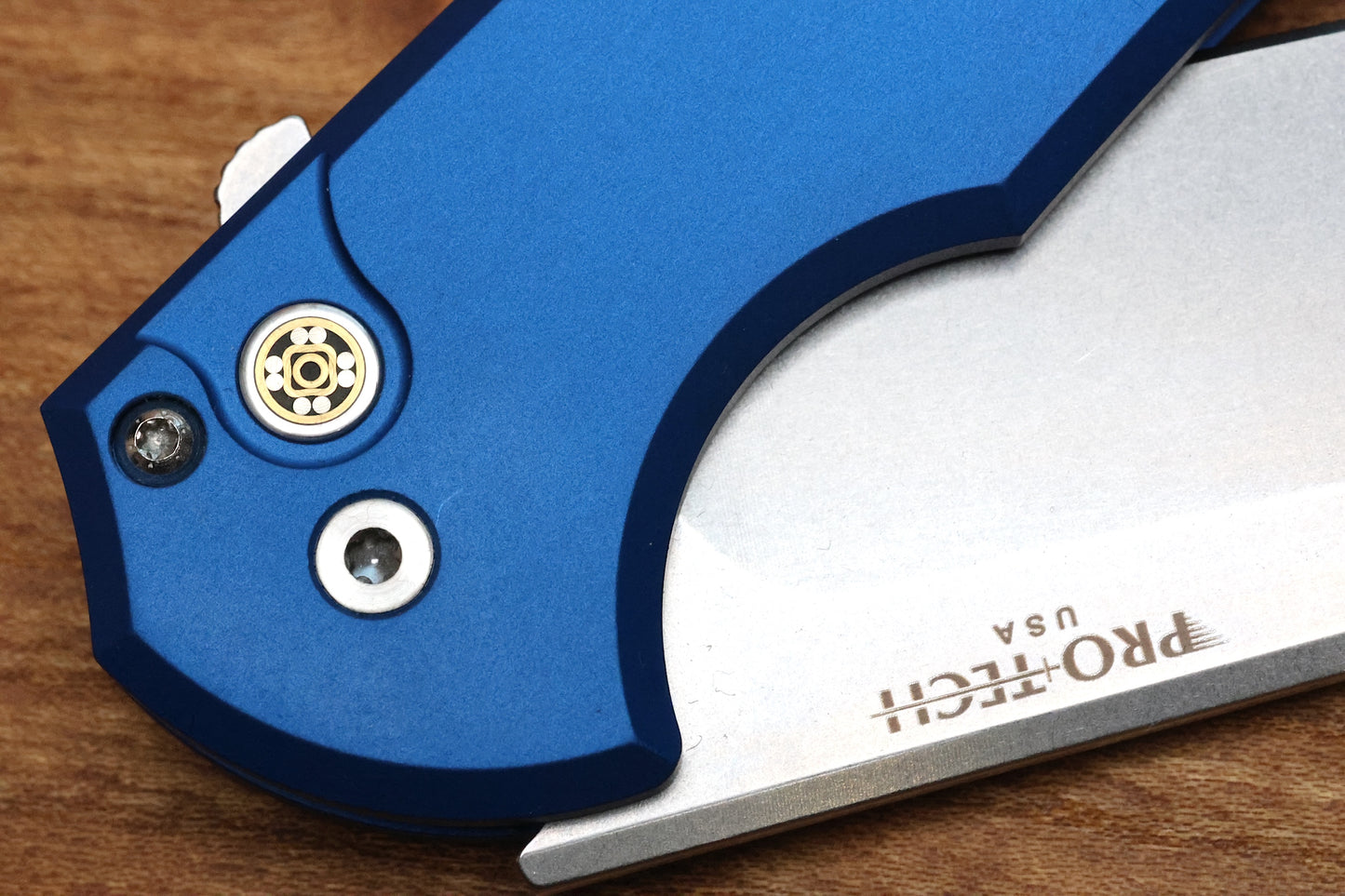 PRO-TECH MORDAX WINDUP MX.1 BLUE ALUMINUM HANDLE BUTTON LOCK STONEWASH MAGNACUT