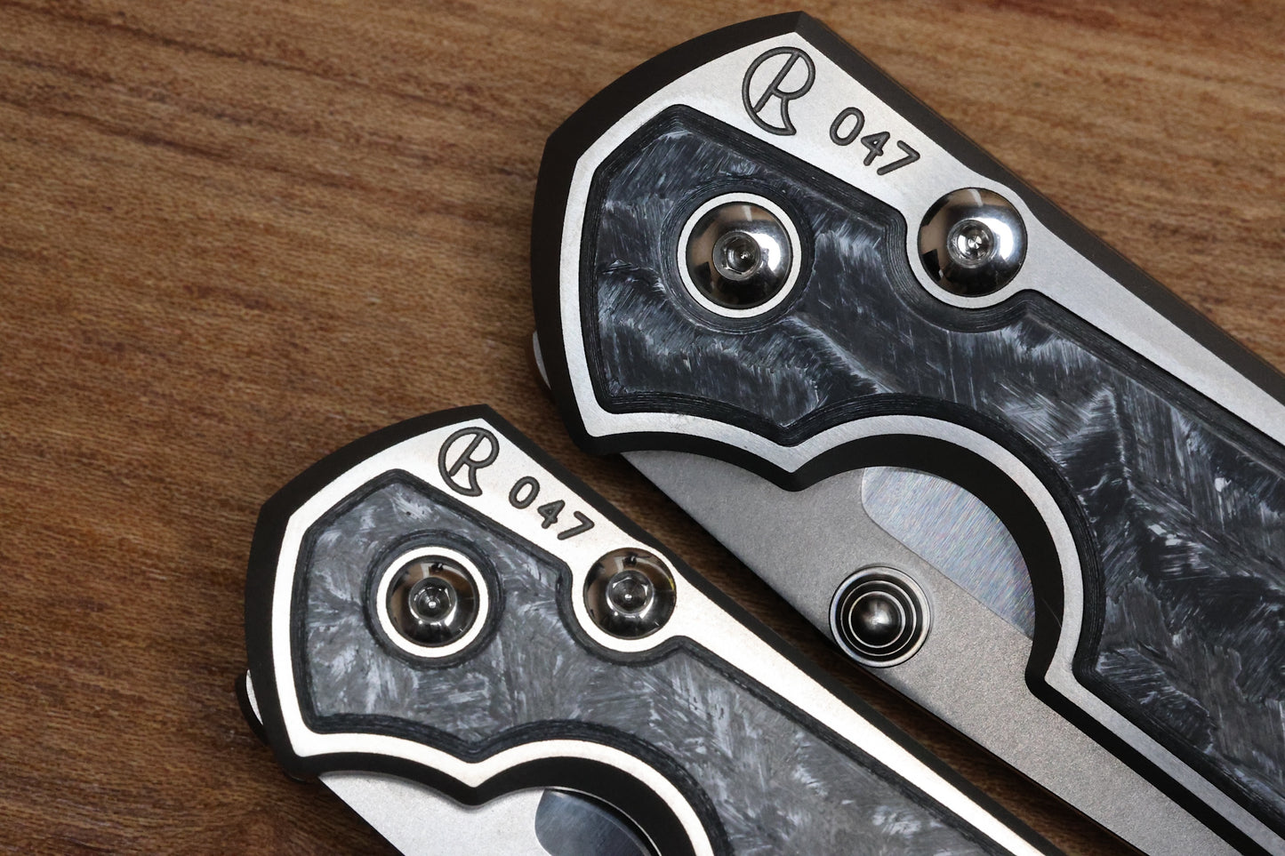 CHRIS REEVE LARGE & SMALL SEBENZA 31 NUMBERED MATCHED SET - WHITE CARBOTI INLAY - POLISHED DROP POINT CPM MAGNACUT BLADE - SILVER DOUBLE LUGS