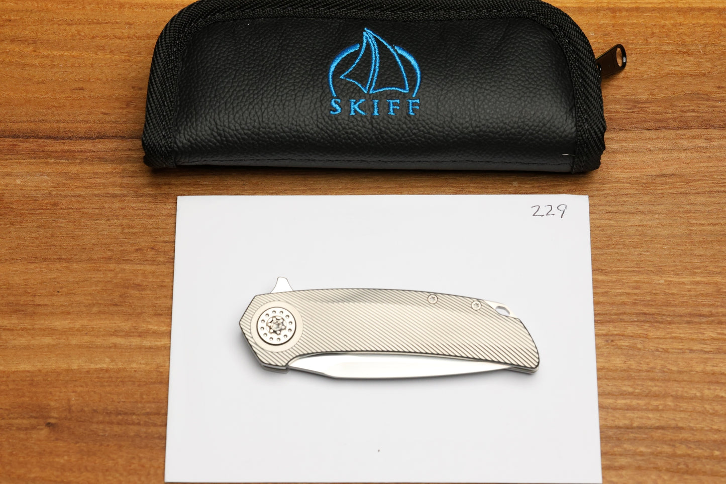 SKIFF MADE BLADES FUGITIVE MILLED TITANIUM SCALES TITANIUM HARDWARE SATIN CPM154 BLADE #229
