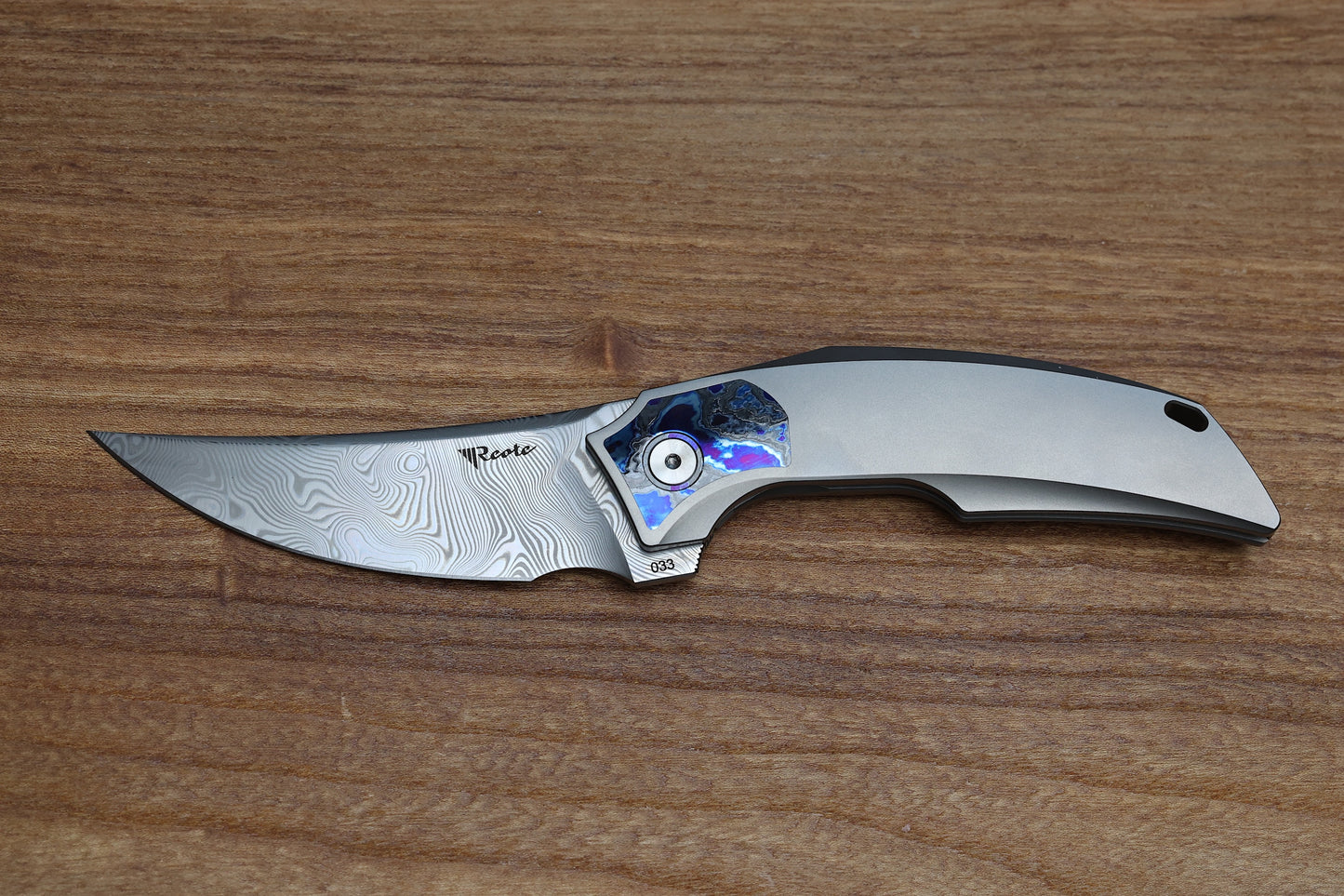 REATE KNIVES VELOCITY TASHI BHARUCHA BEAD BLAST TITANIUM HANDLES W/ ZIRCUTI INLAYS & TWIST DAMASTEEL