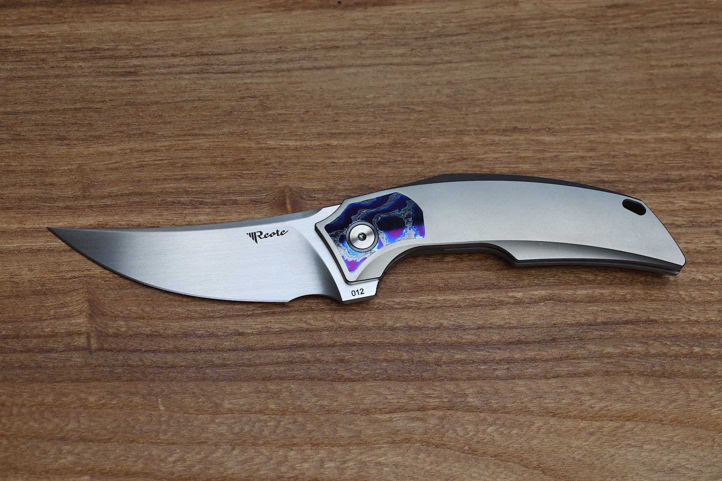 REATE KNIVES VELOCITY TASHI BHARUCHA BEAD BLAST TITANIUM HANDLES W/ ZIRCUTI INLAYS & HAND SATIN ELMAX