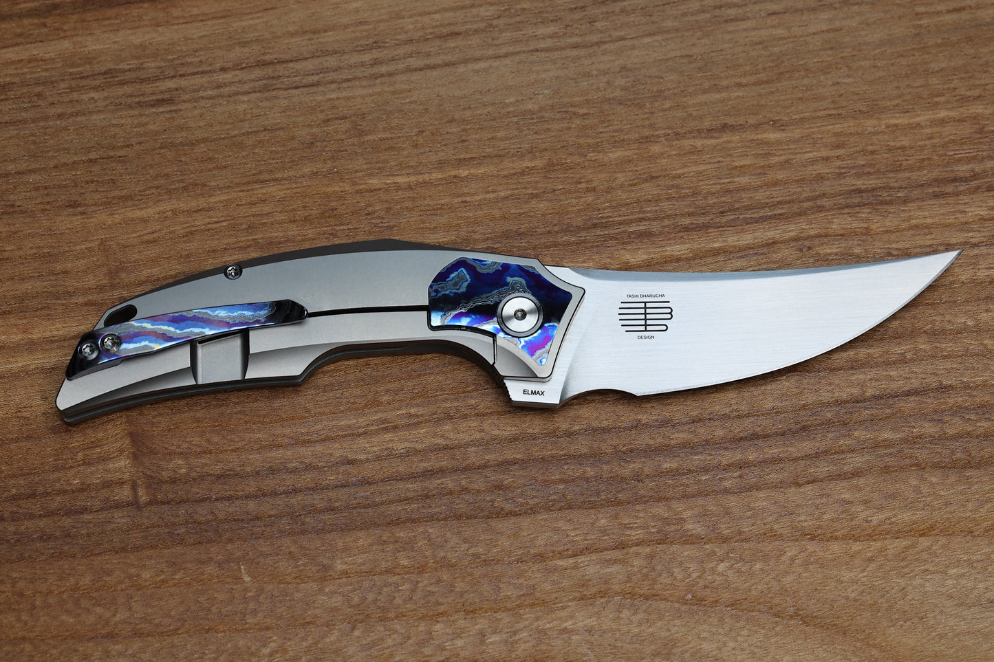 REATE KNIVES VELOCITY TASHI BHARUCHA BEAD BLAST TITANIUM HANDLES W/ ZIRCUTI INLAYS & HAND SATIN ELMAX