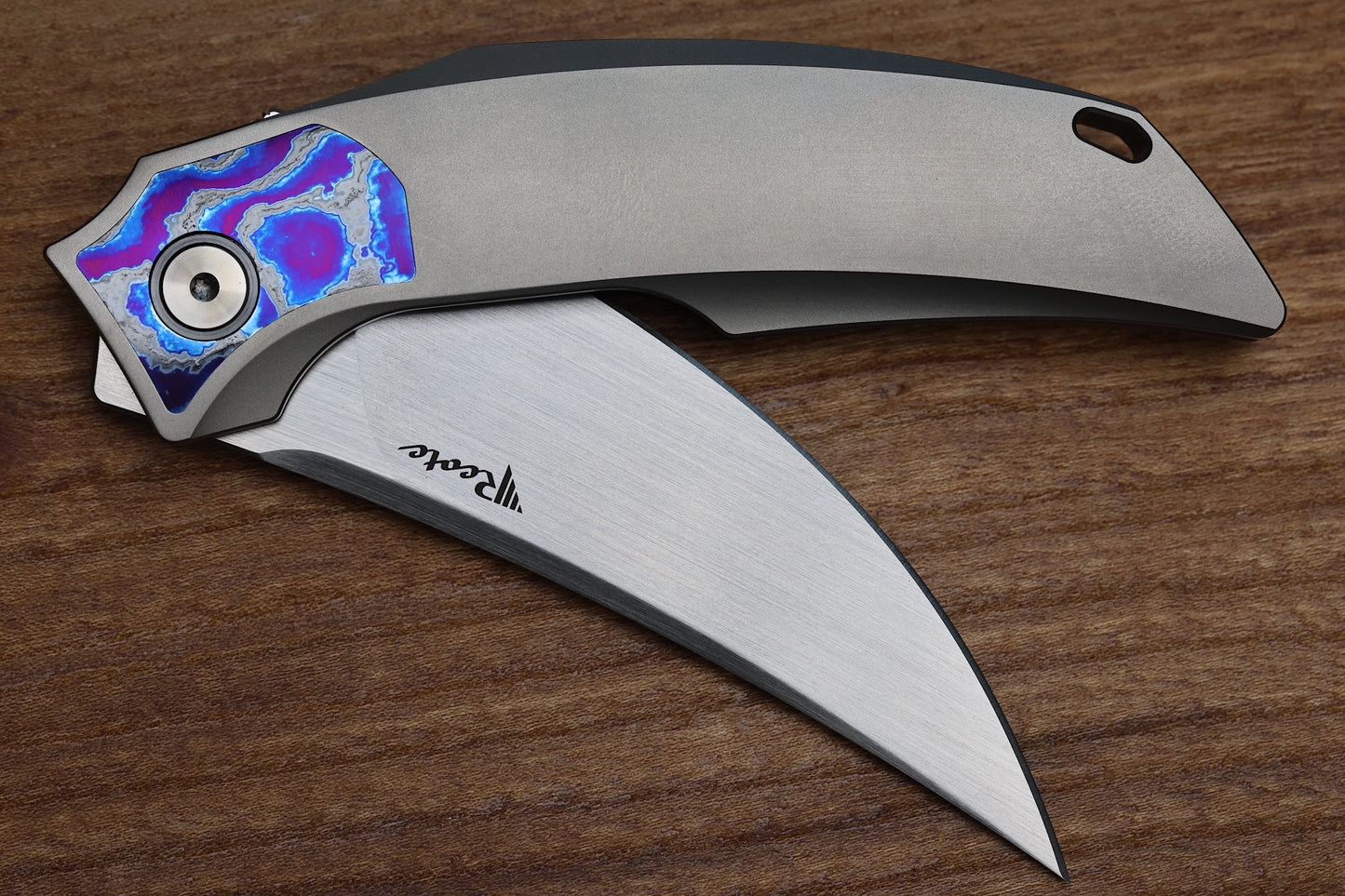 REATE KNIVES VELOCITY TASHI BHARUCHA BEAD BLAST TITANIUM HANDLES W/ ZIRCUTI INLAYS & HAND SATIN ELMAX