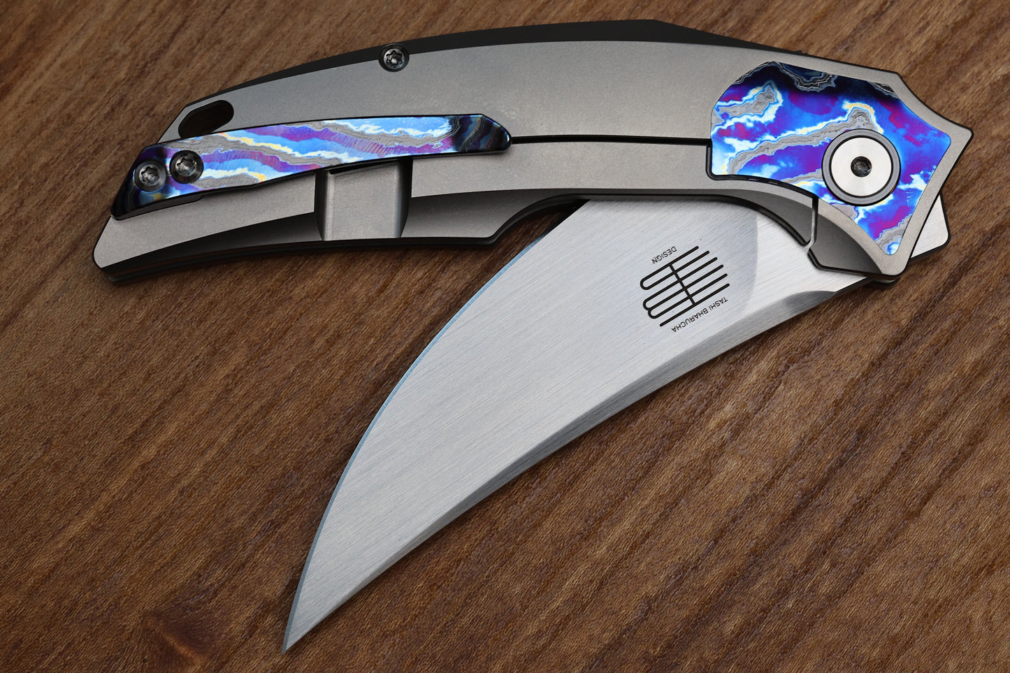 REATE KNIVES VELOCITY TASHI BHARUCHA BEAD BLAST TITANIUM HANDLES W/ ZIRCUTI INLAYS & HAND SATIN ELMAX