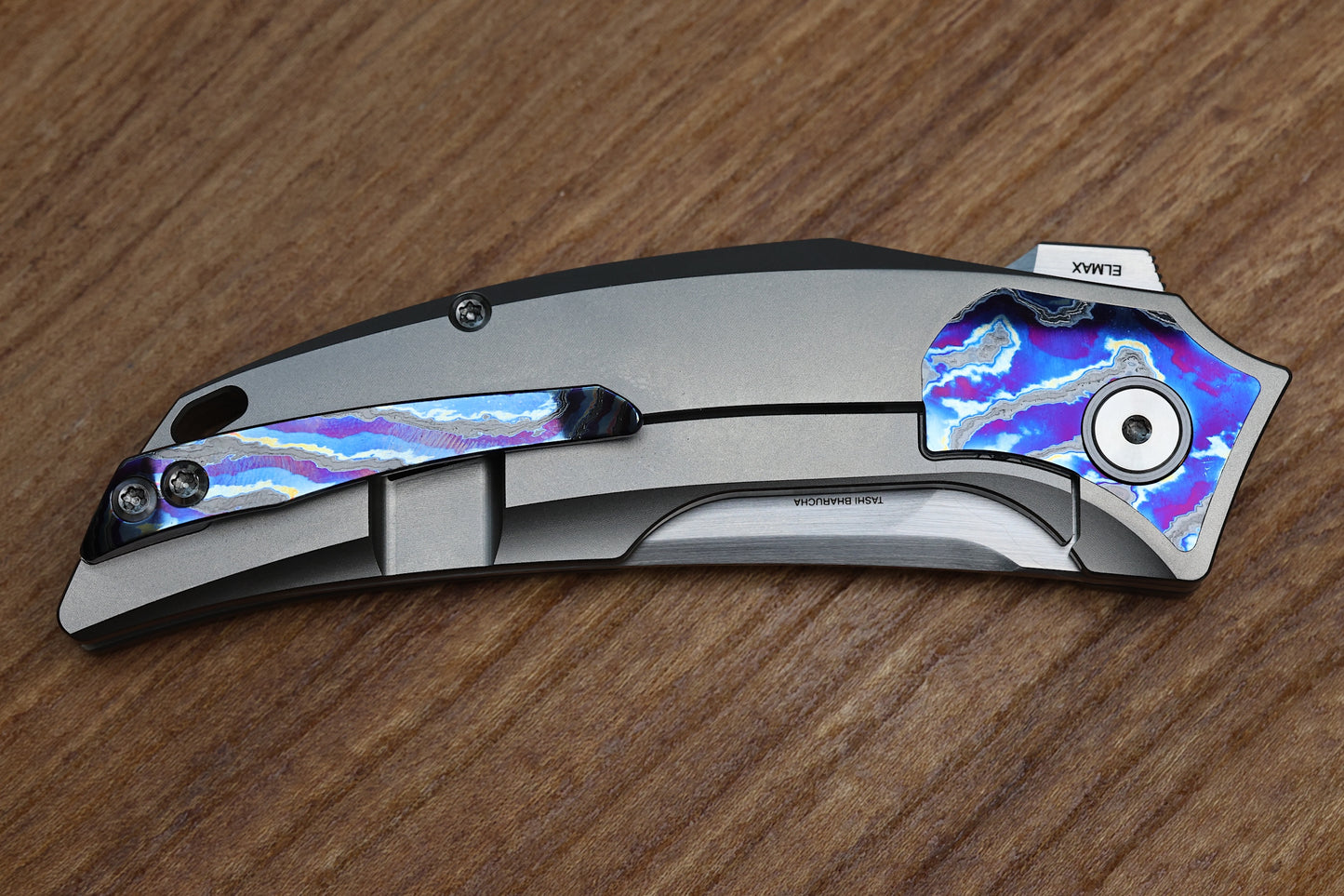 REATE KNIVES VELOCITY TASHI BHARUCHA BEAD BLAST TITANIUM HANDLES W/ ZIRCUTI INLAYS & HAND SATIN ELMAX
