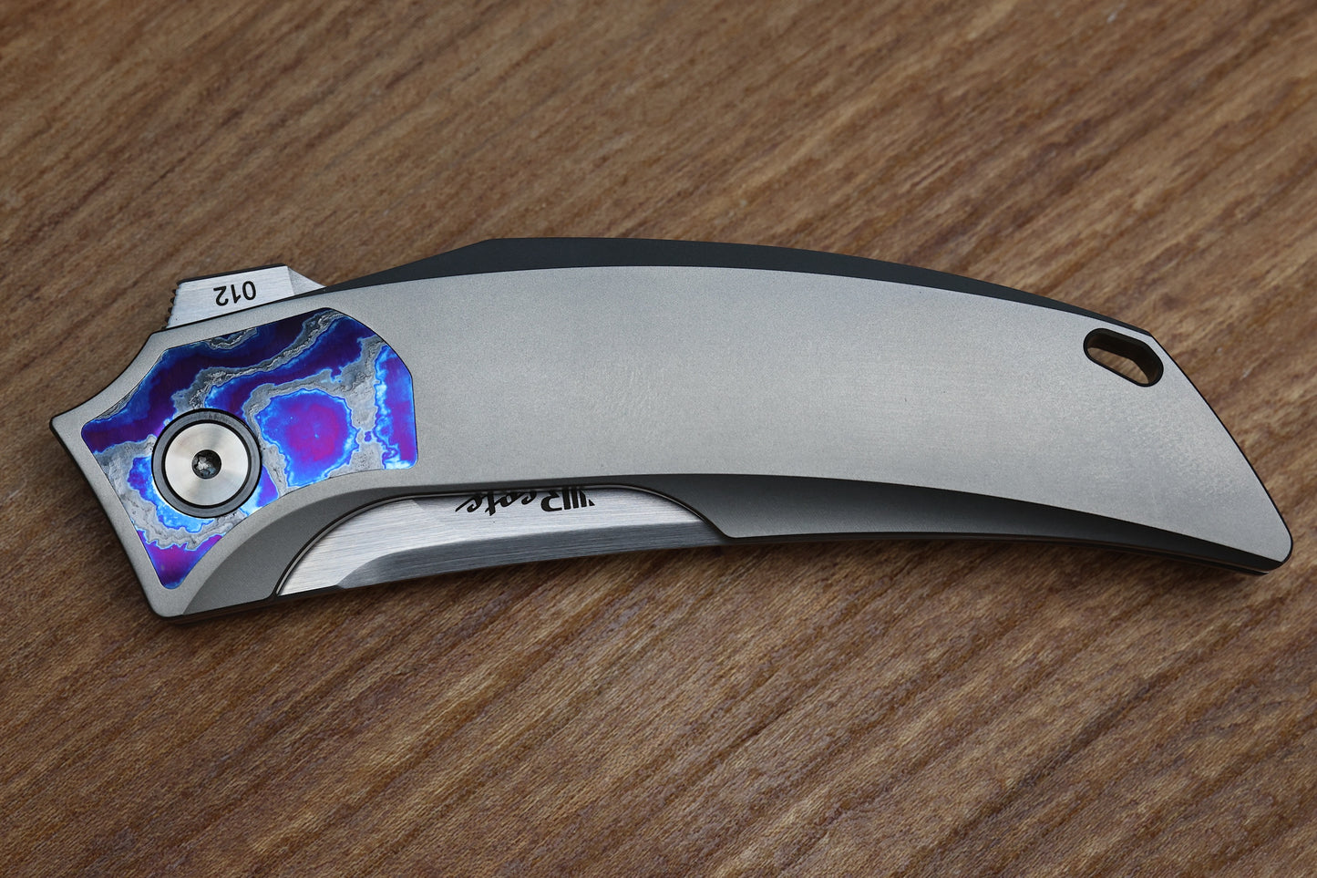 REATE KNIVES VELOCITY TASHI BHARUCHA BEAD BLAST TITANIUM HANDLES W/ ZIRCUTI INLAYS & HAND SATIN ELMAX