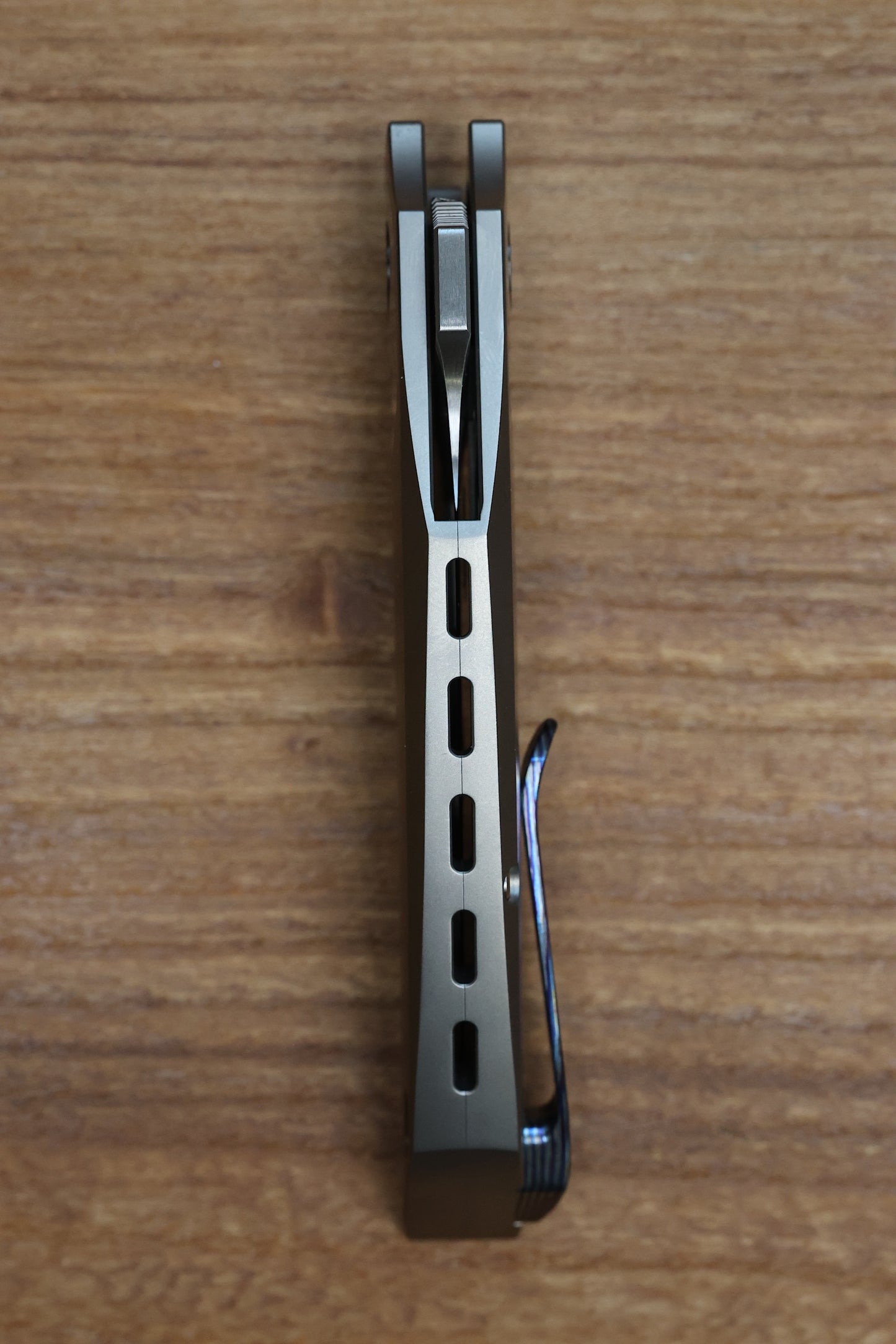 REATE KNIVES VELOCITY TASHI BHARUCHA BEAD BLAST TITANIUM HANDLES W/ ZIRCUTI INLAYS & HAND SATIN ELMAX