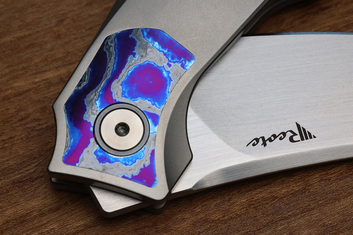 REATE KNIVES VELOCITY TASHI BHARUCHA BEAD BLAST TITANIUM HANDLES W/ ZIRCUTI INLAYS & HAND SATIN ELMAX
