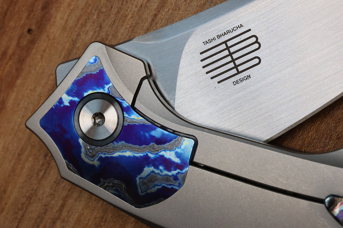 REATE KNIVES VELOCITY TASHI BHARUCHA BEAD BLAST TITANIUM HANDLES W/ ZIRCUTI INLAYS & HAND SATIN ELMAX