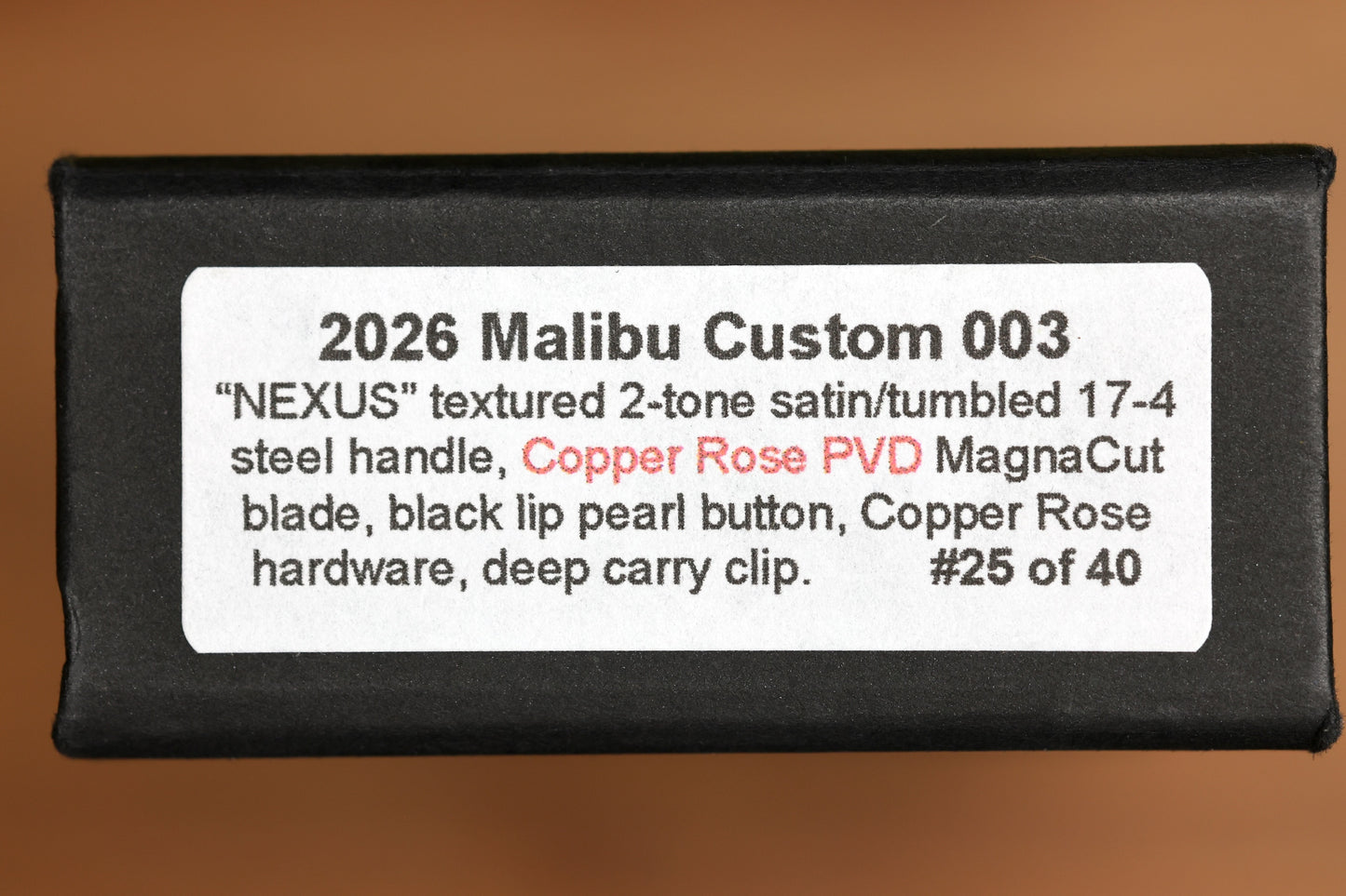 PRO-TECH MALIBU TWO TONE NEXUS STAINLESS HANDLE W/ BLACK LIP PEARL BUTTON & COPPER ROSE MAGNACUT REVERSE TANTO BLADE & HARDWARE 2026 CUSTOM 003
