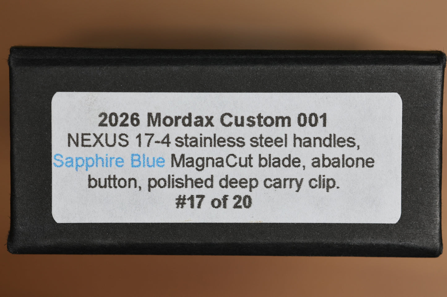 PRO-TECH MORDAX STAINLESS NEXUS HANDLE W/ ABALONE BUTTON & SAPPHIRE BLUE MAGNACUT 2026 CUSTOM 001