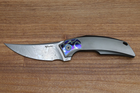 REATE KNIVES VELOCITY TASHI BHARUCHA TITANIUM DLC HANDLE W/ZIRCUTI INLAYS & TWIST DAMASTEEL