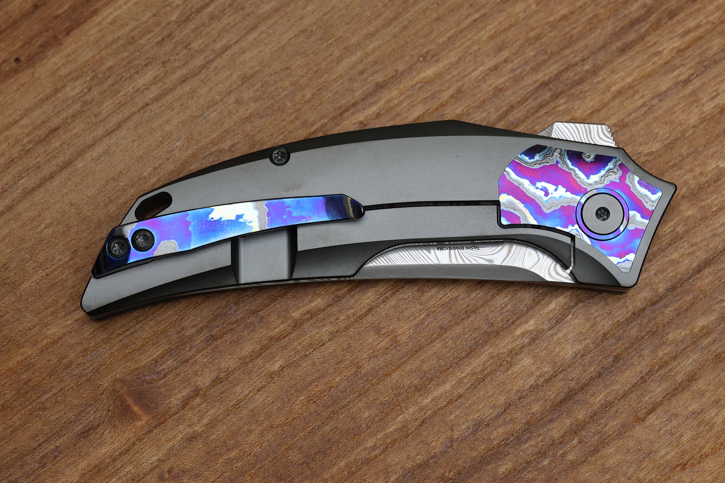 REATE KNIVES VELOCITY TASHI BHARUCHA TITANIUM DLC HANDLE W/ZIRCUTI INLAYS & TWIST DAMASTEEL