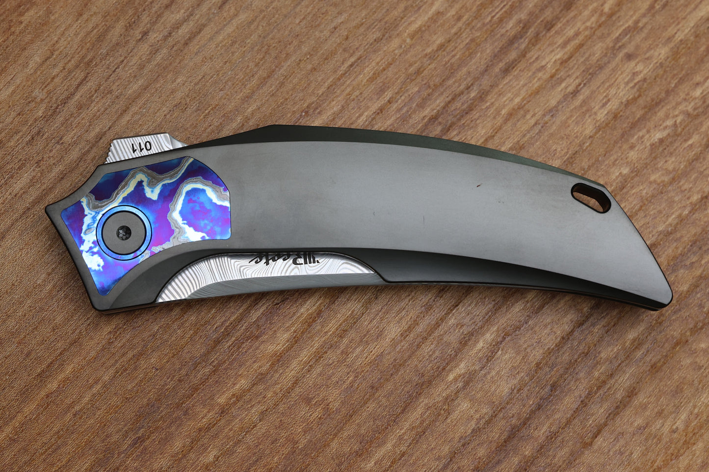 REATE KNIVES VELOCITY TASHI BHARUCHA TITANIUM DLC HANDLE W/ZIRCUTI INLAYS & TWIST DAMASTEEL