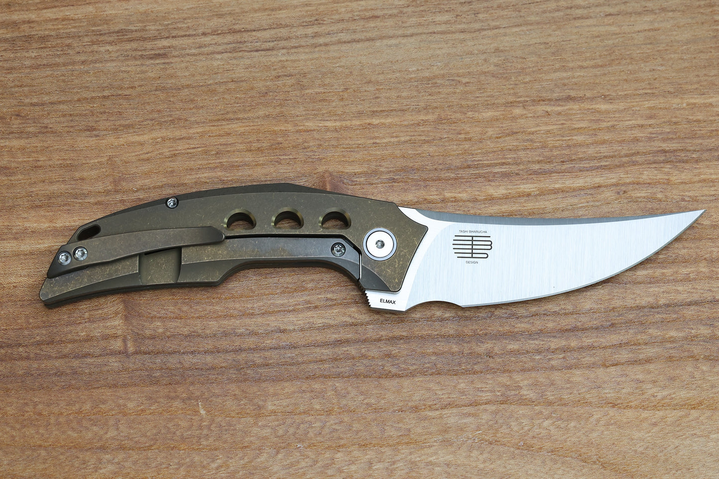 REATE KNIVES VELOCITY TASHI BHARUCHA BRONZE TITANIUM HANDLES & ELMAX