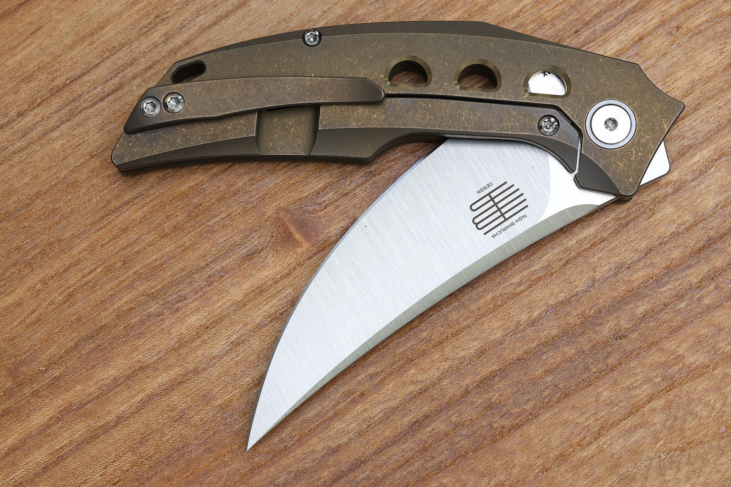 REATE KNIVES VELOCITY TASHI BHARUCHA BRONZE TITANIUM HANDLES & ELMAX