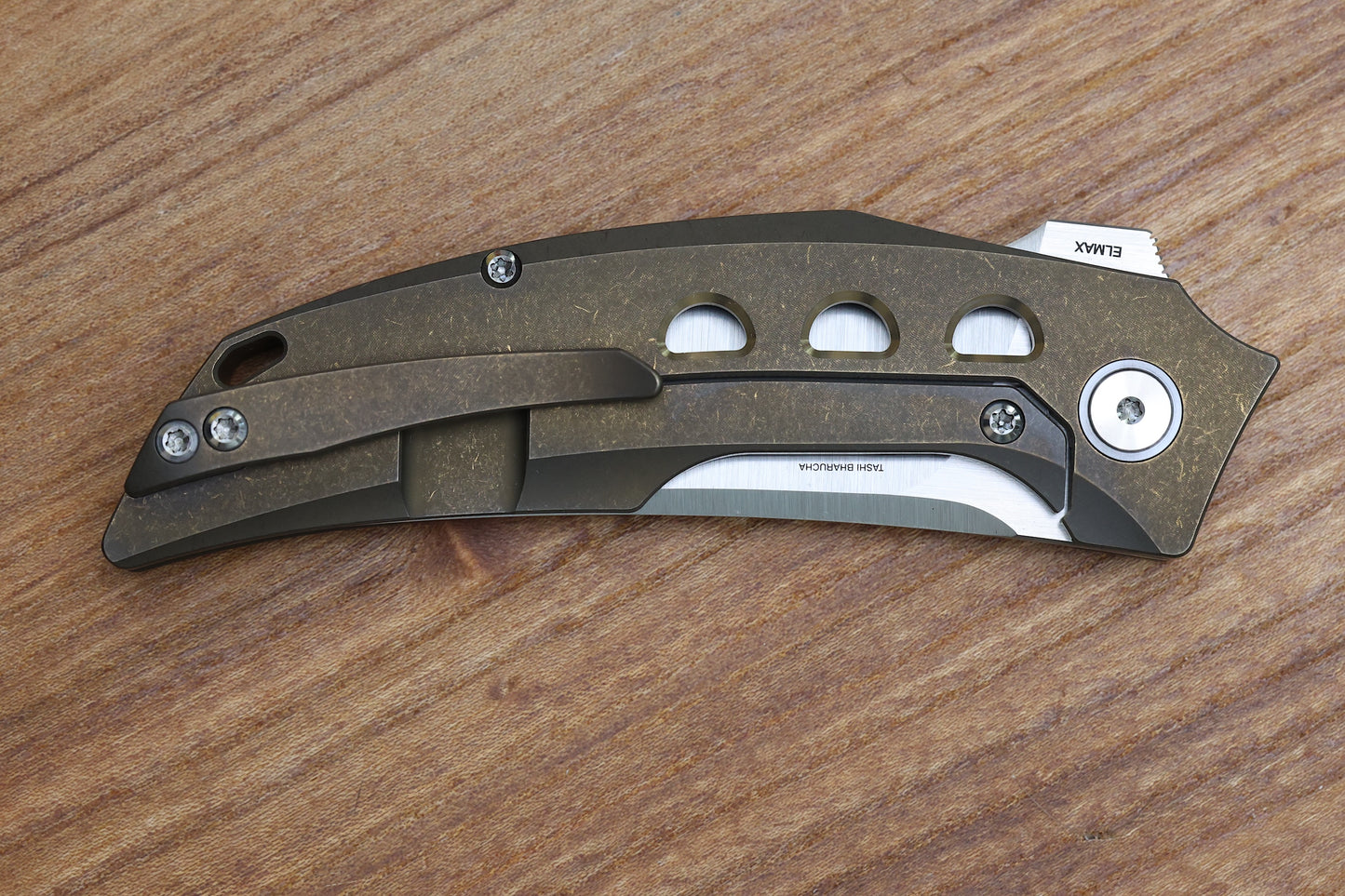 REATE KNIVES VELOCITY TASHI BHARUCHA BRONZE TITANIUM HANDLES & ELMAX