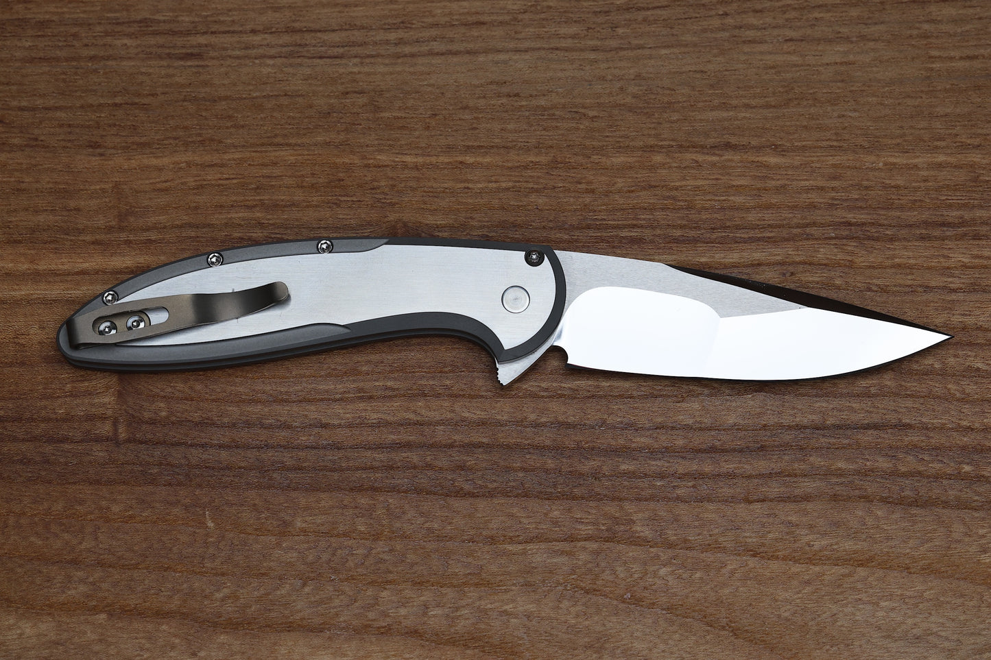 PRO-TECH CAMBRIA CUSTOM MANUAL 17-4 STEEL HANDLES W/ MAPLE BURL INLAY & COMPOUND POLISHED 154CM CUSTOM 001