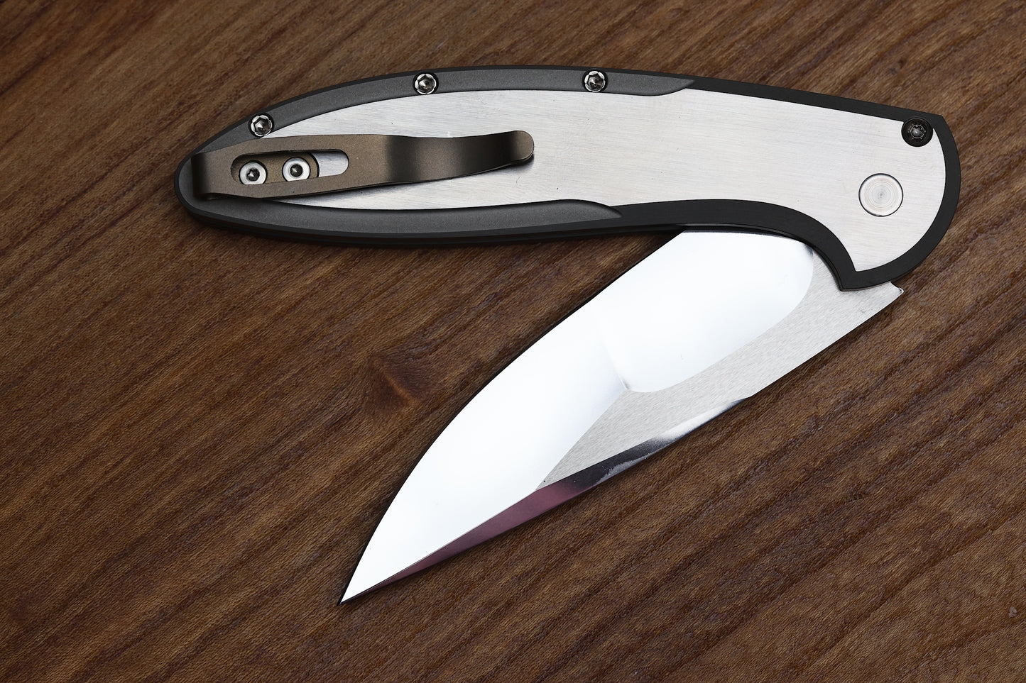PRO-TECH CAMBRIA CUSTOM MANUAL 17-4 STEEL HANDLES W/ MAPLE BURL INLAY & COMPOUND POLISHED 154CM CUSTOM 001