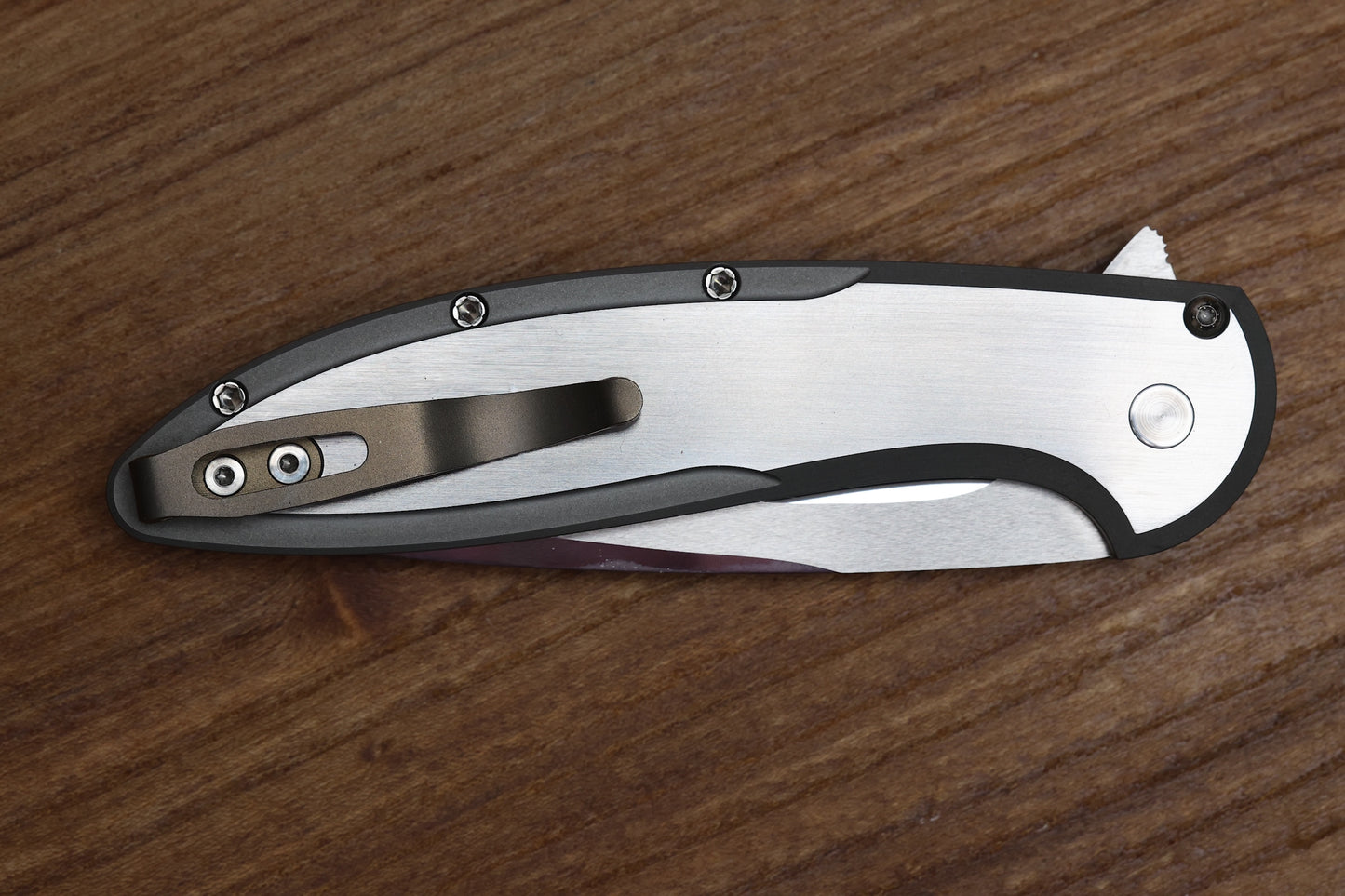PRO-TECH CAMBRIA CUSTOM MANUAL 17-4 STEEL HANDLES W/ MAPLE BURL INLAY & COMPOUND POLISHED 154CM CUSTOM 001