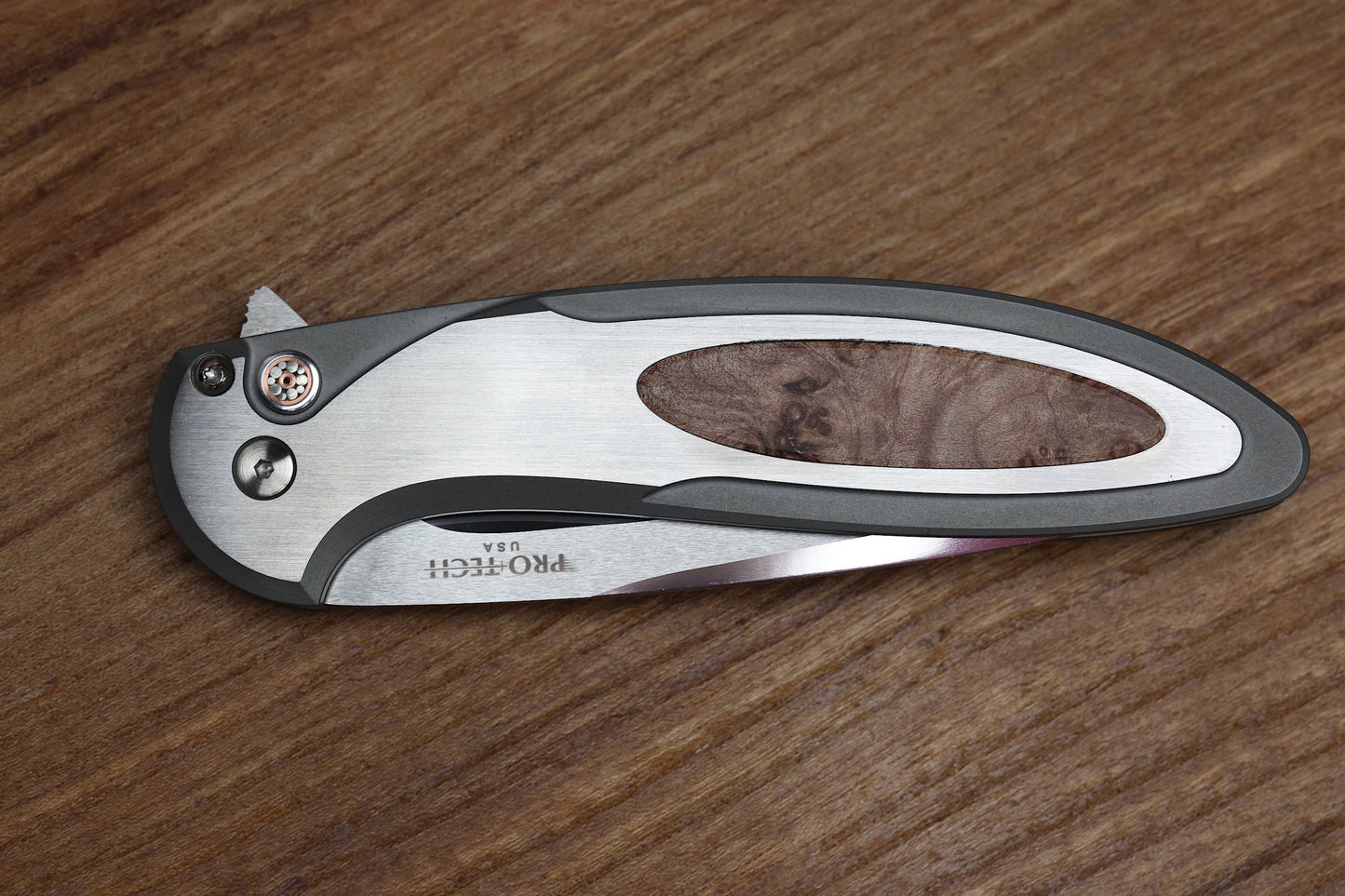 PRO-TECH CAMBRIA CUSTOM MANUAL 17-4 STEEL HANDLES W/ MAPLE BURL INLAY & COMPOUND POLISHED 154CM CUSTOM 001