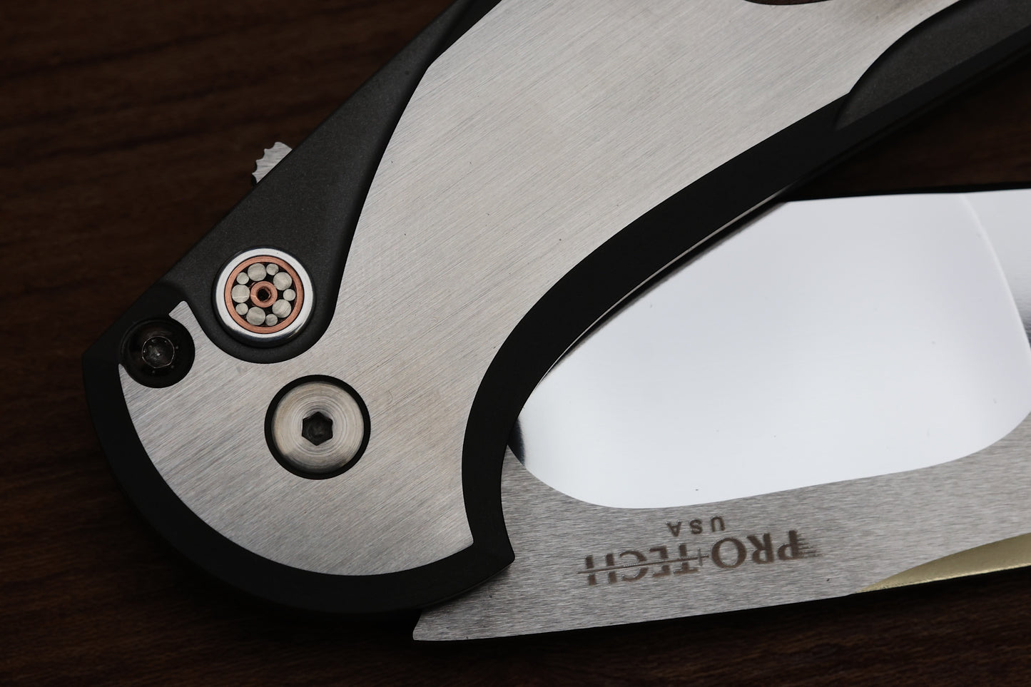 PRO-TECH CAMBRIA CUSTOM MANUAL 17-4 STEEL HANDLES W/ MAPLE BURL INLAY & COMPOUND POLISHED 154CM CUSTOM 001