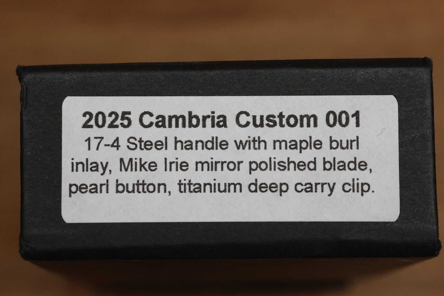 PRO-TECH CAMBRIA CUSTOM MANUAL 17-4 STEEL HANDLES W/ MAPLE BURL INLAY & COMPOUND POLISHED 154CM CUSTOM 001