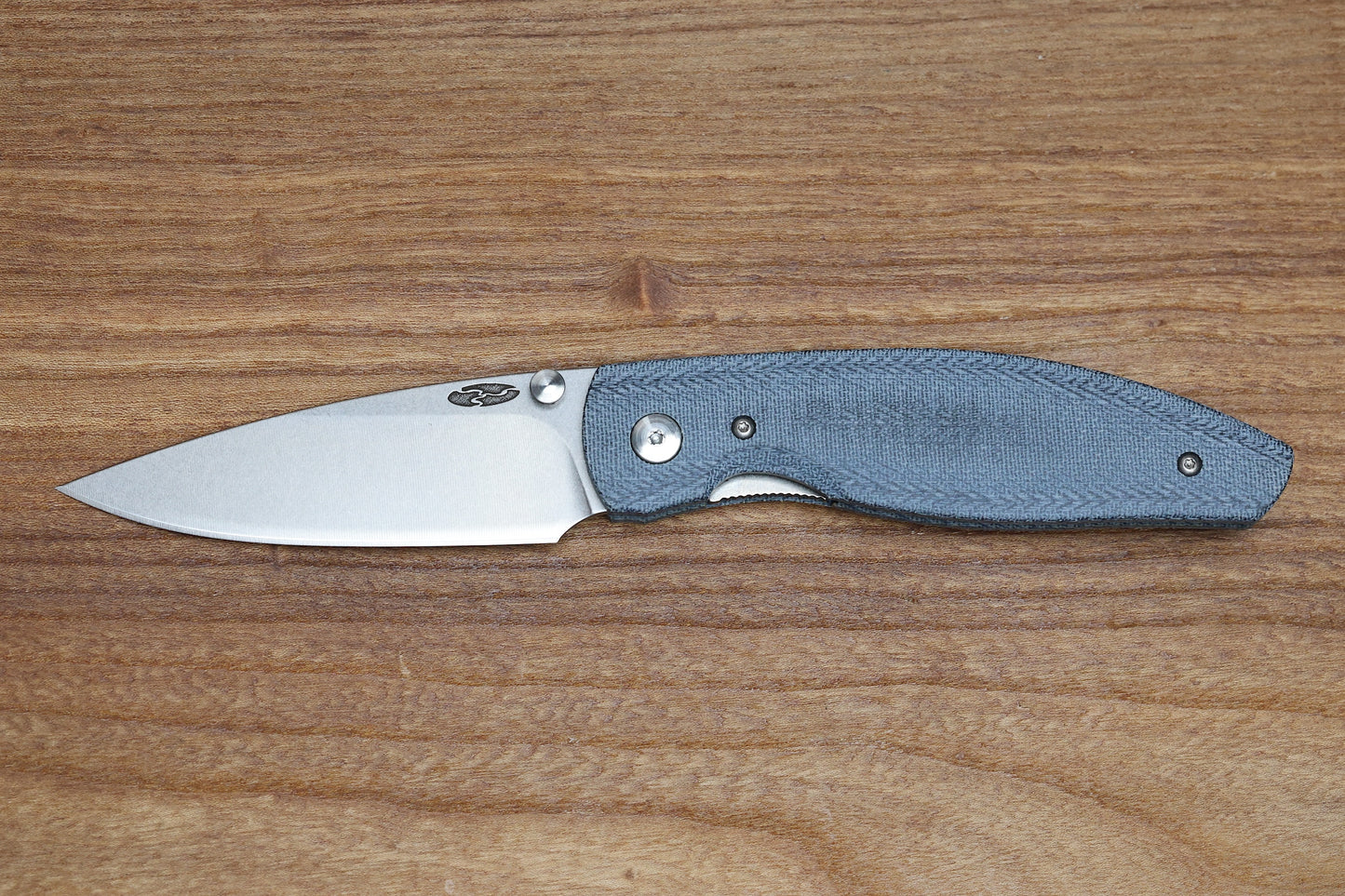 THREE RIVERS MANUFACTURING ATOM FOLDING KNIFE DENIM CANVAS MICARTA 3.5" DROP POINT STONEWASH