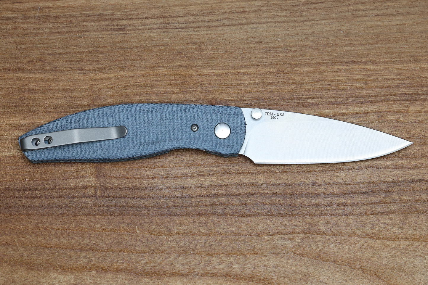 THREE RIVERS MANUFACTURING ATOM FOLDING KNIFE DENIM CANVAS MICARTA 3.5" DROP POINT STONEWASH
