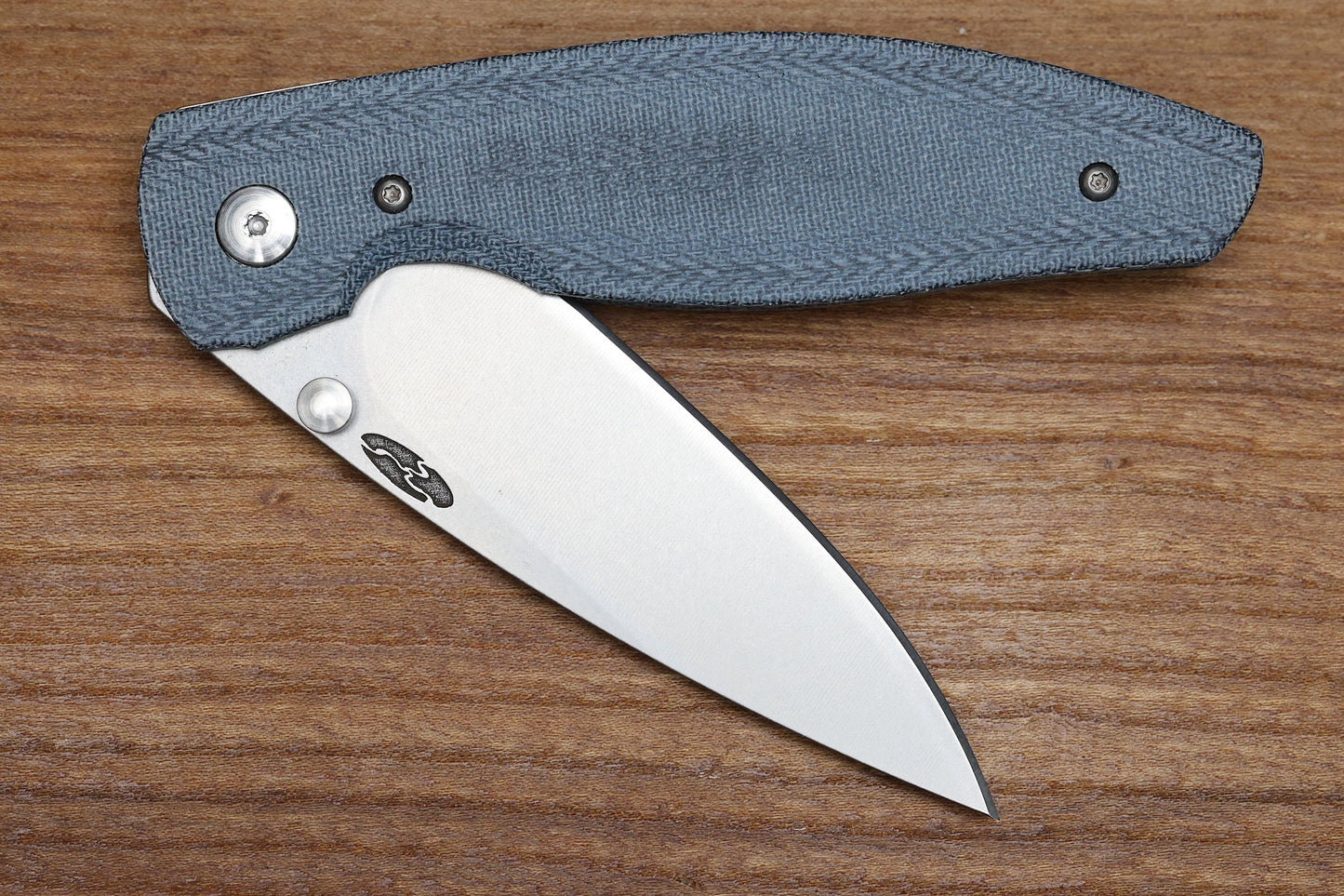 THREE RIVERS MANUFACTURING ATOM FOLDING KNIFE DENIM CANVAS MICARTA 3.5" DROP POINT STONEWASH