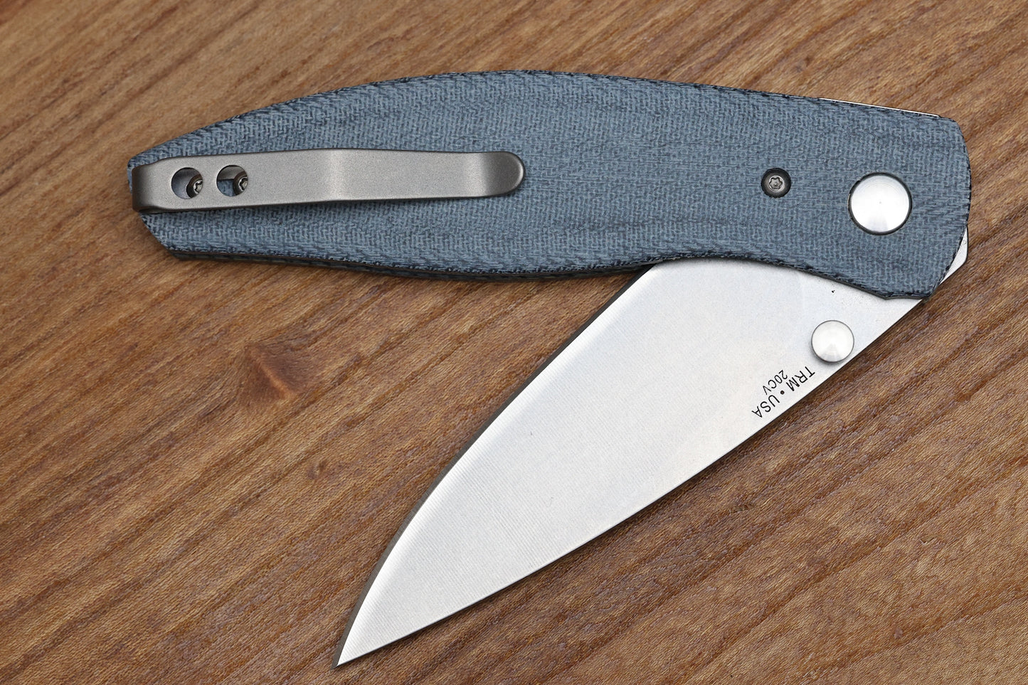 THREE RIVERS MANUFACTURING ATOM FOLDING KNIFE DENIM CANVAS MICARTA 3.5" DROP POINT STONEWASH