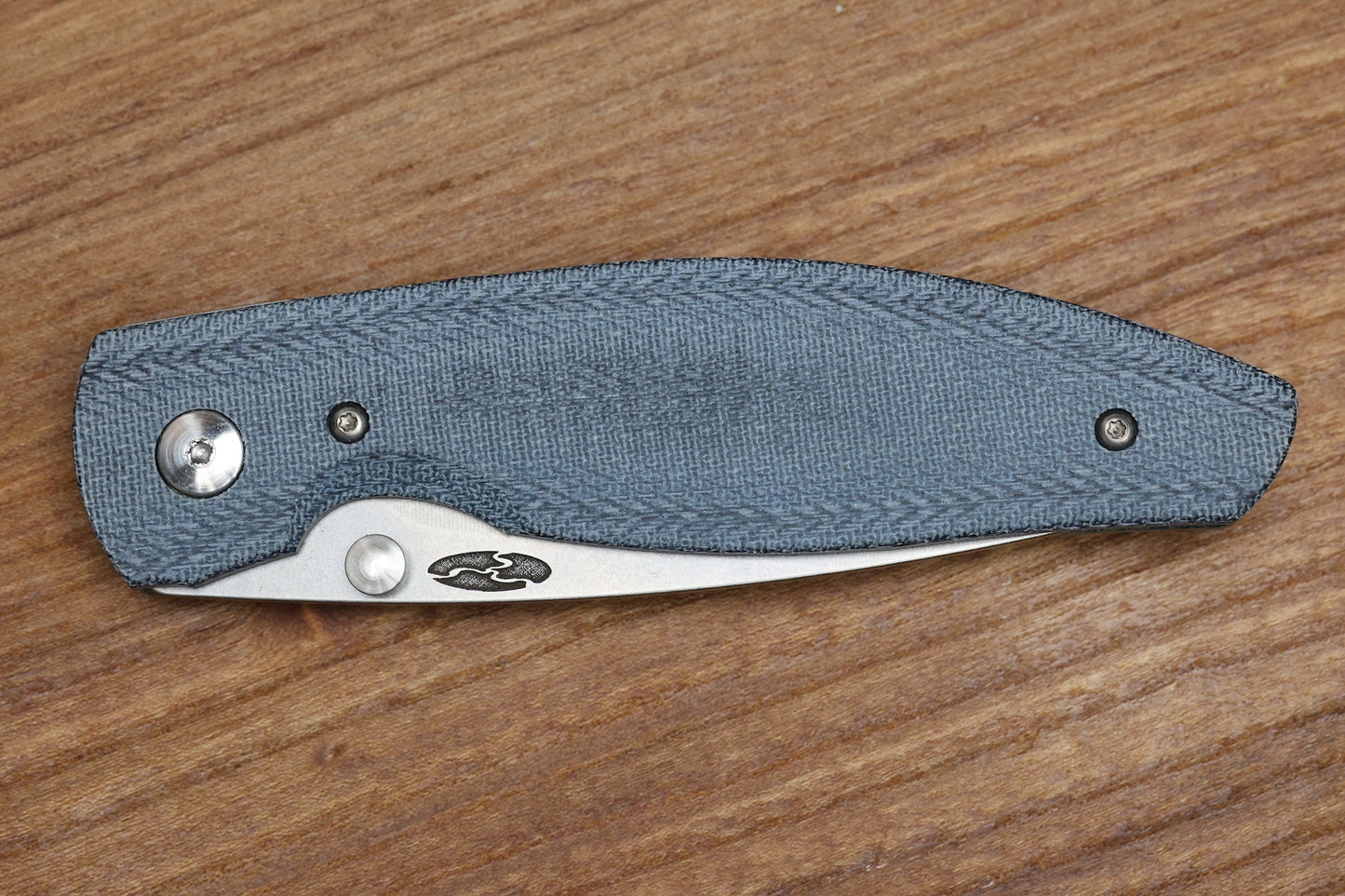 THREE RIVERS MANUFACTURING ATOM FOLDING KNIFE DENIM CANVAS MICARTA 3.5" DROP POINT STONEWASH