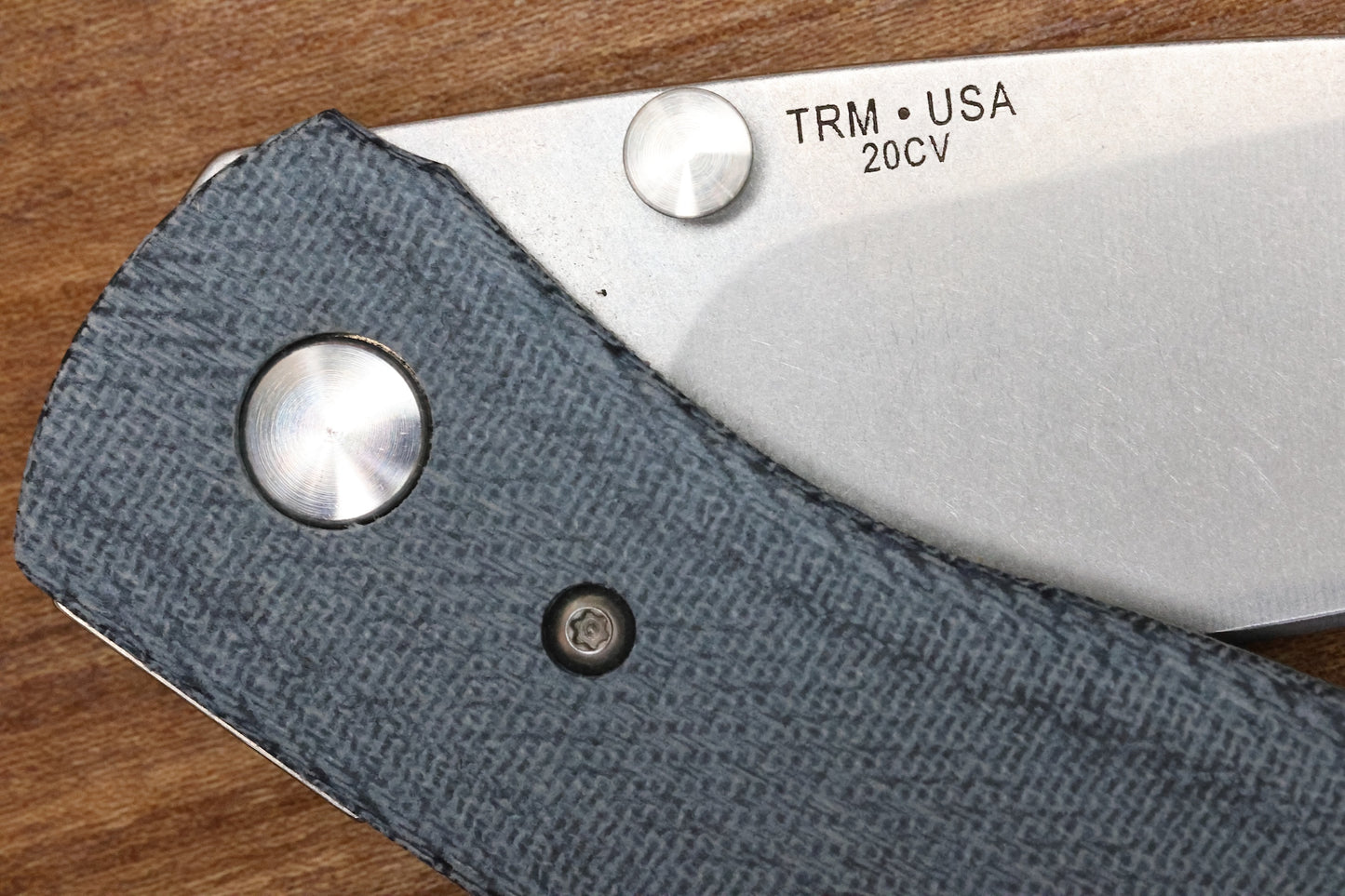 THREE RIVERS MANUFACTURING ATOM FOLDING KNIFE DENIM CANVAS MICARTA 3.5" DROP POINT STONEWASH