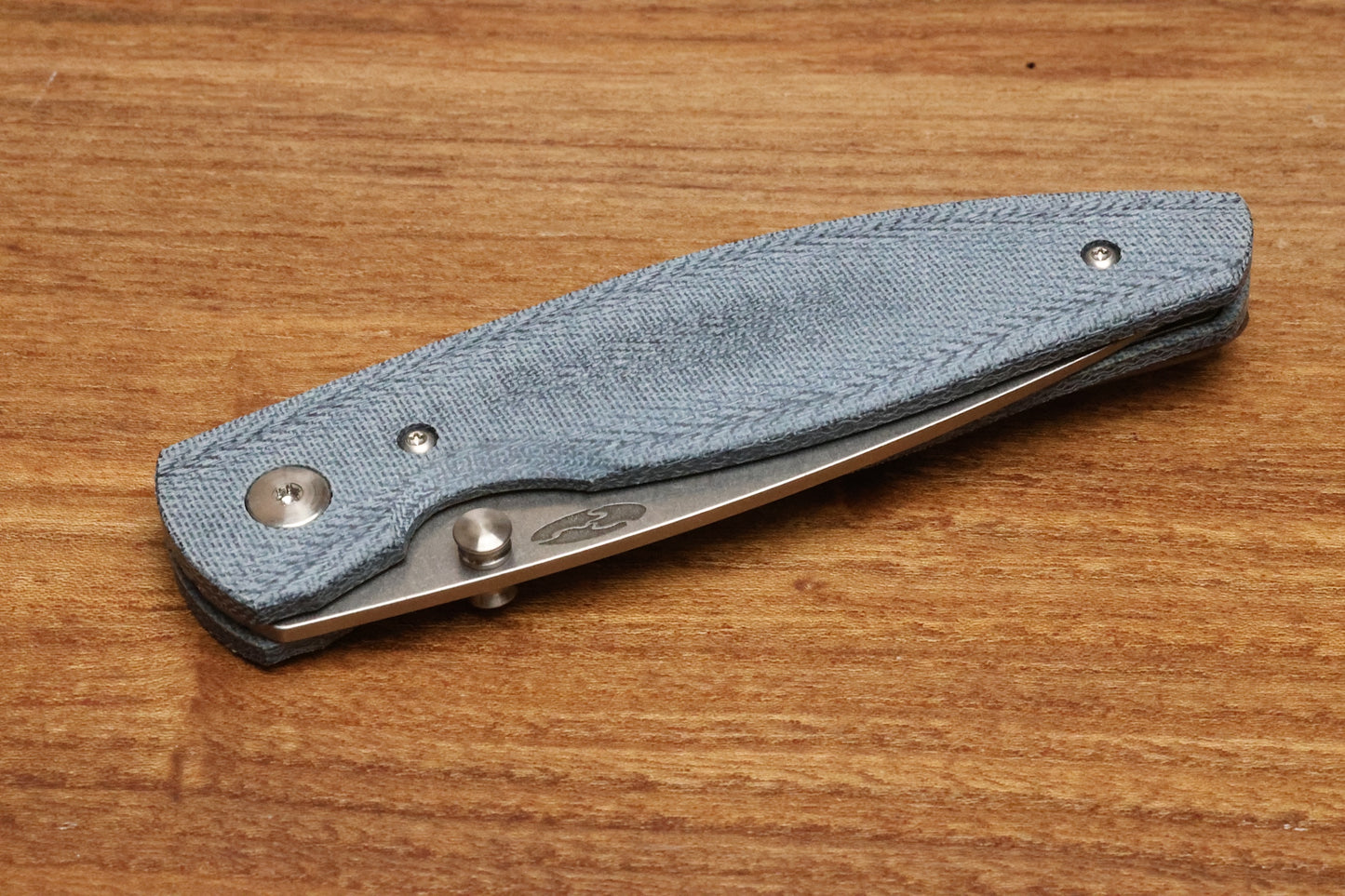 THREE RIVERS MANUFACTURING ATOM FOLDING KNIFE DENIM CANVAS MICARTA 3.5" DROP POINT STONEWASH
