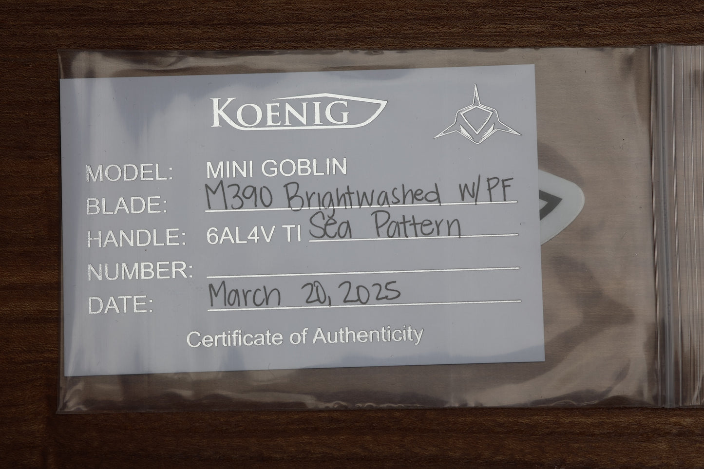 KOENIG MINI GOBLIN - SEA PATTERN TITANIUM HANDLE - BRIGHTWASHED W/ POLISHED FLATS M390 BLADE
