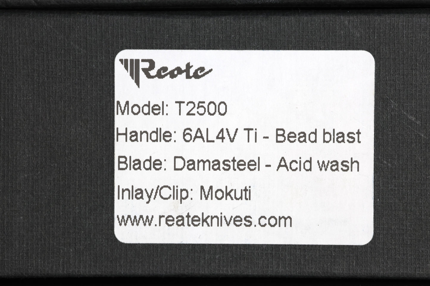 REATE KNIVES T2500 TI-BEAD BLAST HANDLE MOKUTI ACCENT DAMASTEEL ACID WASH 2.375" BLADE