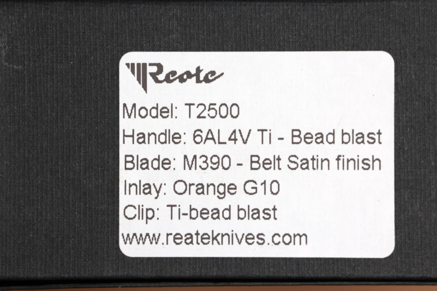 REATE KNIVES T2500 TI-BEAD BLAST HANDLE ORANGE G10 INLAY BELT SATIN M390 2.375" BLADE