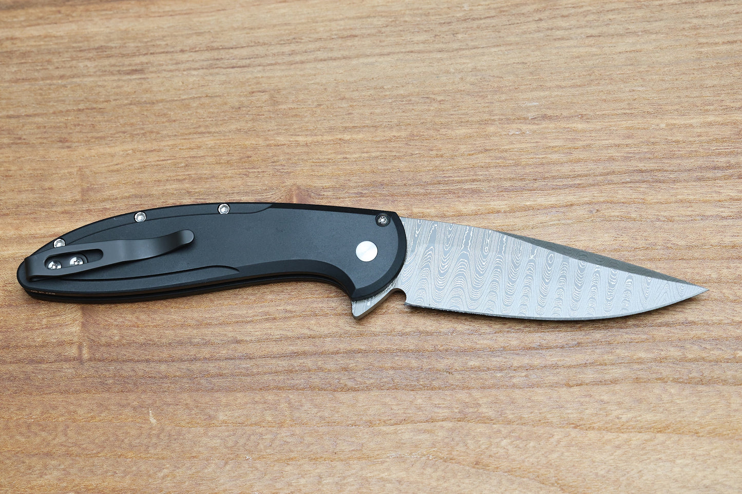 PRO-TECH CAMBRIA CUSTOM MANUAL BLACK ALUMINUM HANDLES W/ MAPLE BURL INLAY & CHAD NICHOLS DAMASCUS CUSTOM 005